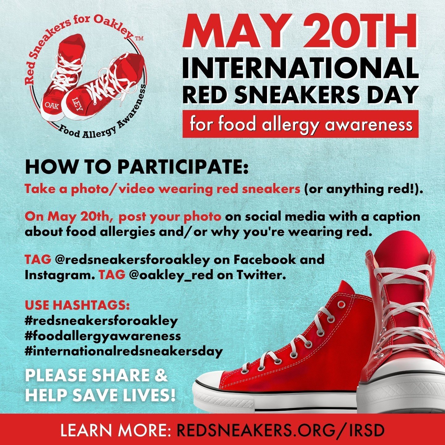 Get your red sneakers ready! International Red Sneakers Day (May 20th) is just a few days away! It's a special day to spread food allergy awareness.

HOW CAN YOU GET INVOLVED?

It's so easy! Take a photo of yourself in red sneakers or shoes (or anyth
