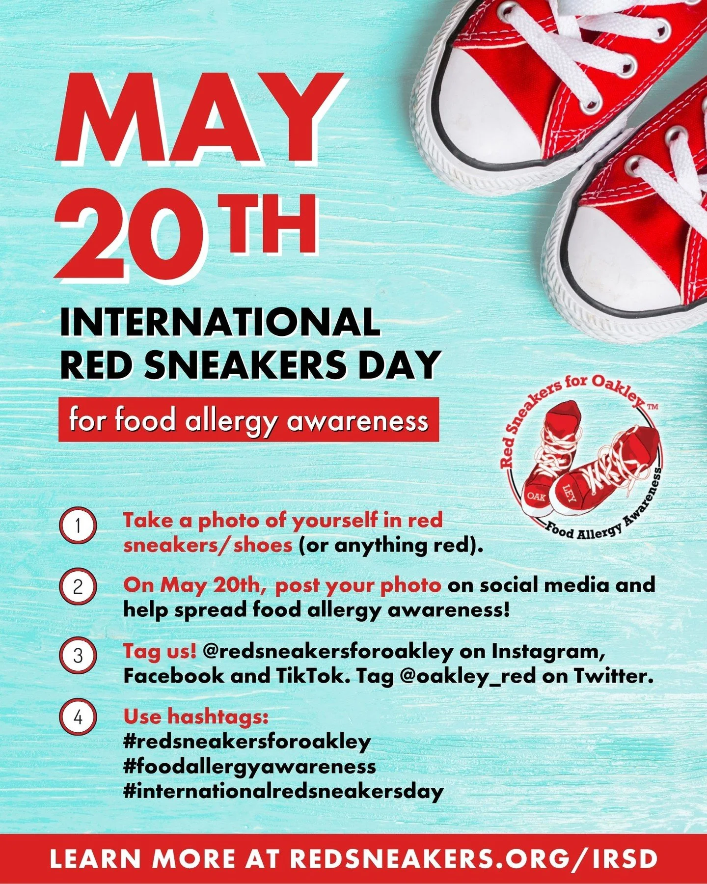 Mark your calendar! May 20th is International Red Sneakers Day &mdash; a day to honor Oakley&rsquo;s legacy&hellip; and take action that can help save lives.

Here are a few ways to take part:
👉 Wear your red sneakers (or anything red)
👉 Post a pho