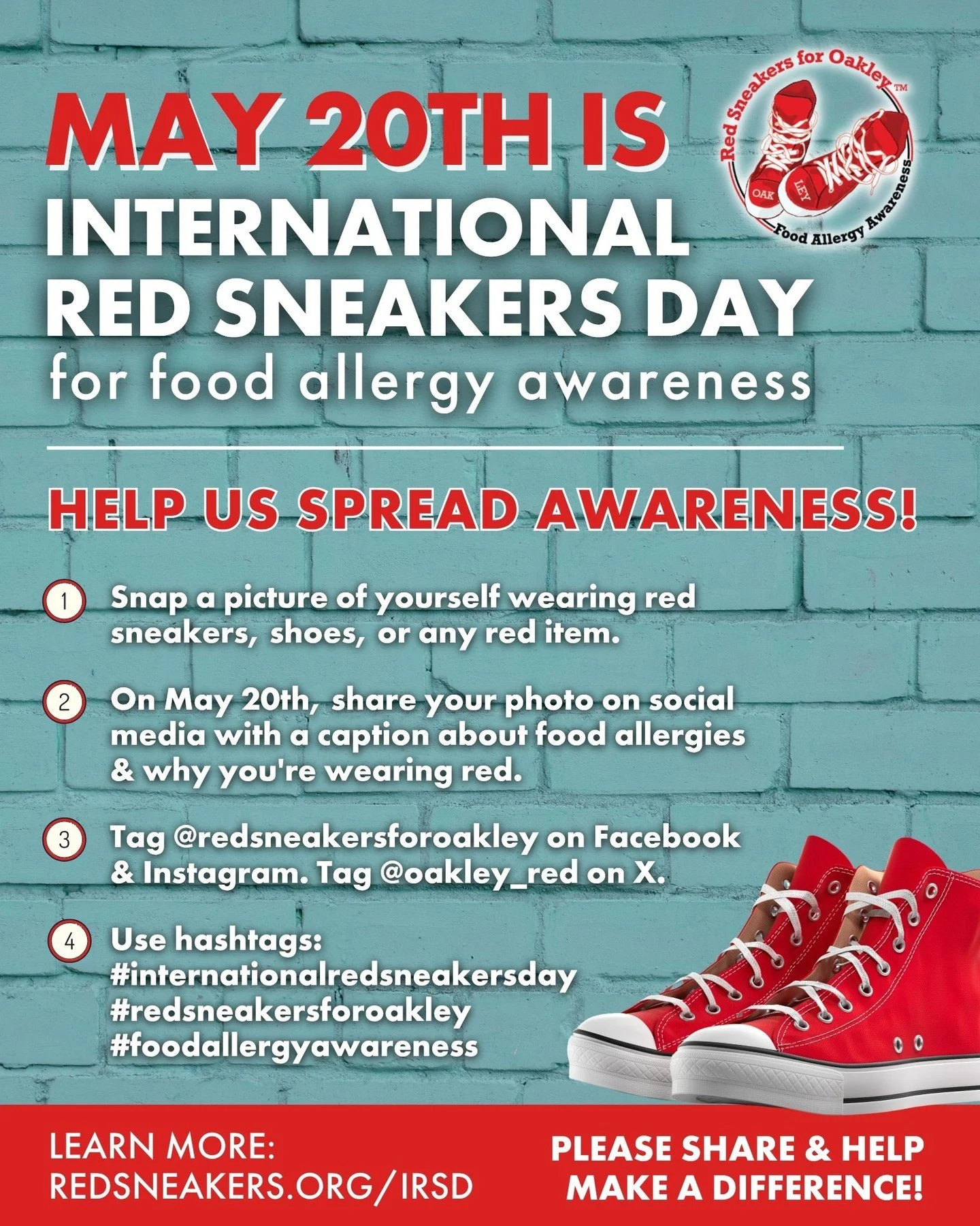 May 20th is more than a day. ❤️👟 It&rsquo;s a movement. International Red Sneakers Day was created to honor Oakley Debbs, an 11-year-old boy who tragically lost his life to a severe food allergic reaction. Oakley loved his red sneakers, and today th