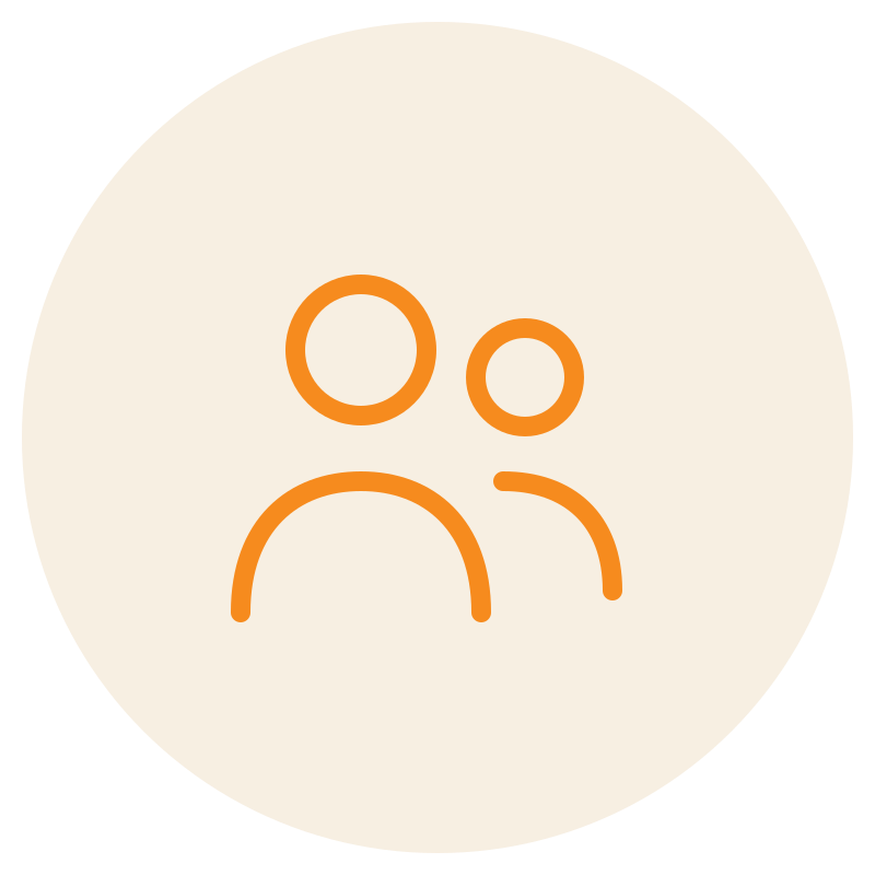 Icon depicting two stylized human figures, one larger and one smaller, outlined in orange, set against a light beige circular background.