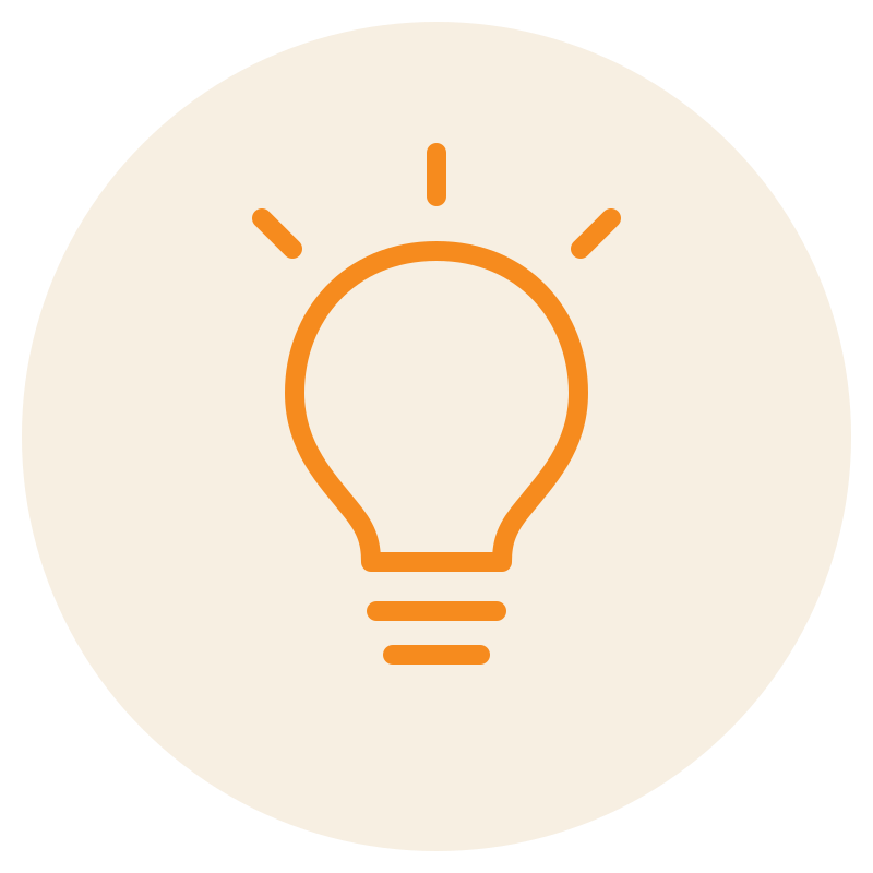 Icon of a light bulb with lines indicating illumination, on a light beige circular background.