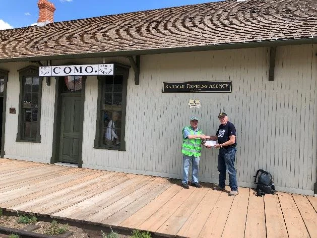 On August 19, 2023,Intermountain Chapter treasurer, Gary Gable, delivered a Chapter P-R-O Fund check to Bob Schoppe, president of the Denver, South Park & Pacific Historical Society, during Boreas Pass Day in Como, Colorado.