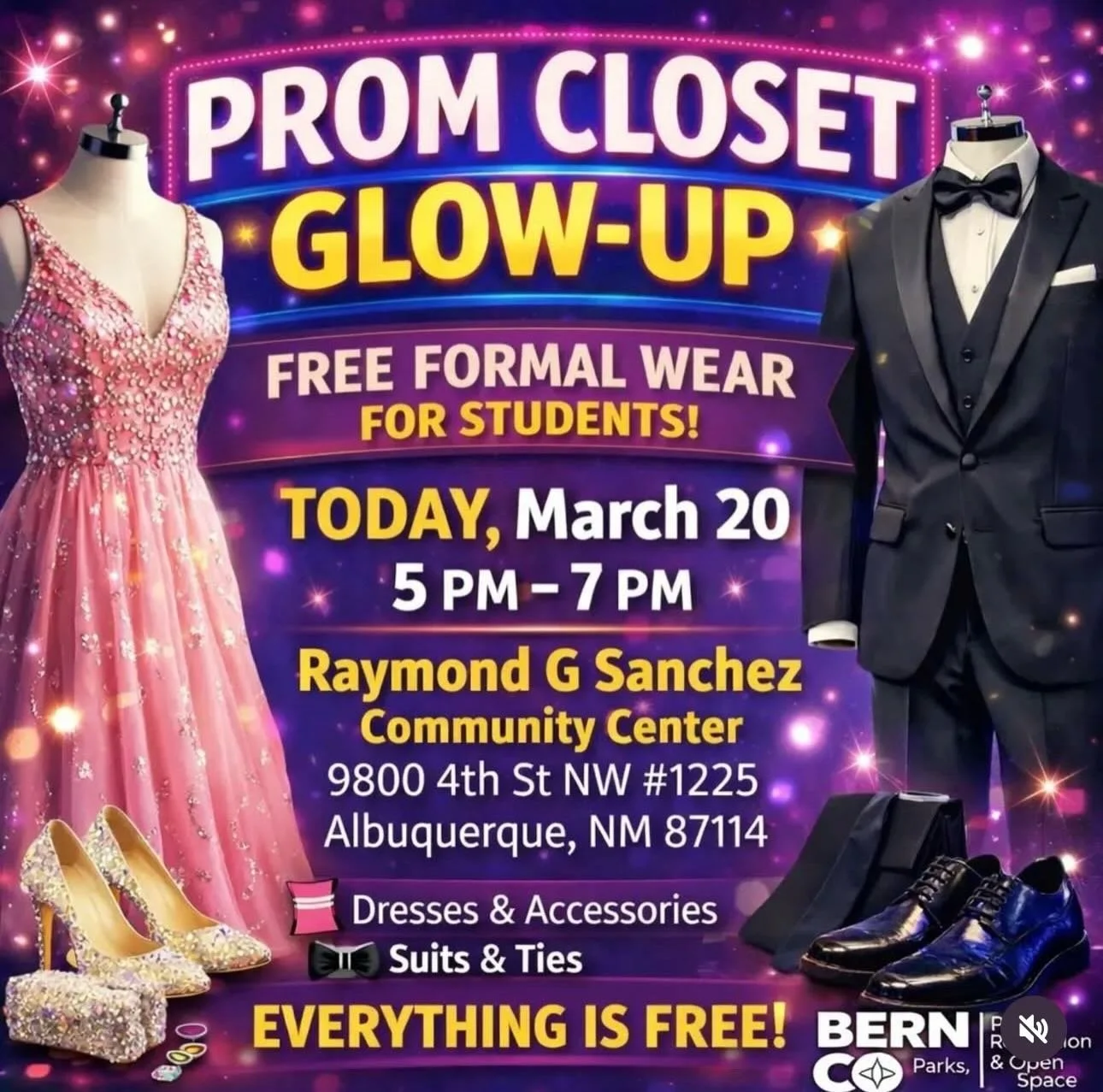 👗 🐝🎩 Tonight !!!!! 👗 🐝🎩 Come@join us for the PROM Glow up 👗 🐝🎩 
Friday March 20 | 5&ndash;7 PM
Raymond G. Sanchez Community Center
9800 4th St NW, Albuquerque, NM 87114 👗 🐝🎩 We are so excited to partner with @berncounty 👗🐝🎩This event i