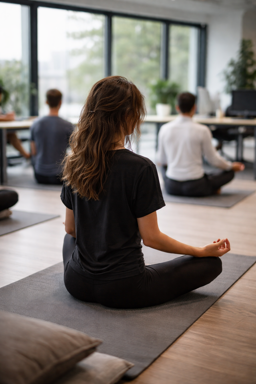 Mehrere Personen sitzen in einem modernen Büro auf Yogamatten in aufrechter Haltung, von hinten fotografiert, ruhige Atmosphäre mit Tageslicht.