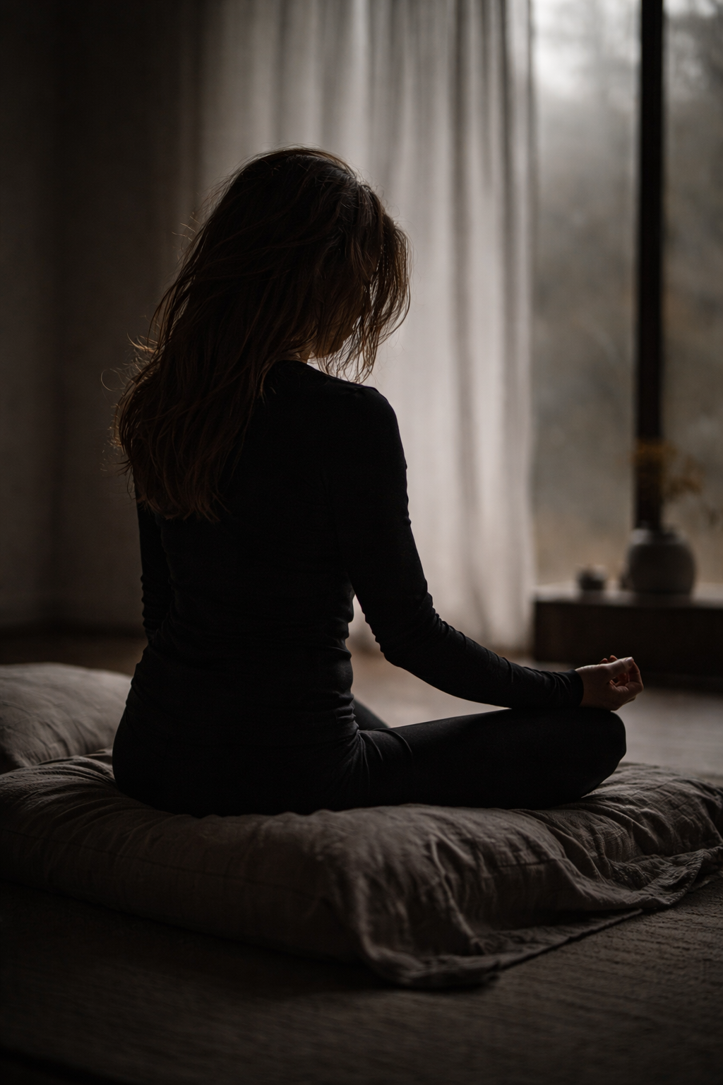 Person in schwarzer Kleidung sitzt mit gekreuzten Beinen auf einem Kissen, von hinten fotografiert, Gesicht vom Haar verdeckt, ruhige Studioatmosphäre mit weichem Licht.