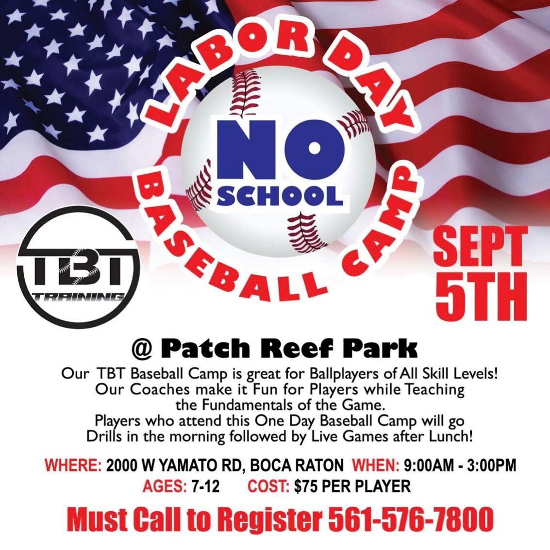 Labor Day camp 📢
This camp will be all about baseball and includes hitting, catching, fielding, pitching, and more! Located at patch reef park from 9am-3pm. We look forward to seeing you there! ⚾️