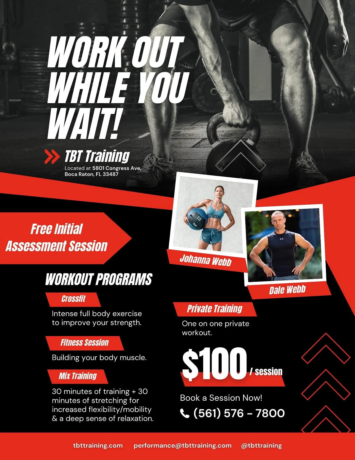 💪 Don&rsquo;t just sit around &mdash; WORK OUT WHILE YOU WAIT!
From CrossFit to private training, TBT Training has the perfect program to keep you moving, strong, and motivated. First assessment is FREE &mdash; book today!
📍 Boca Raton, FL
📞 (561)