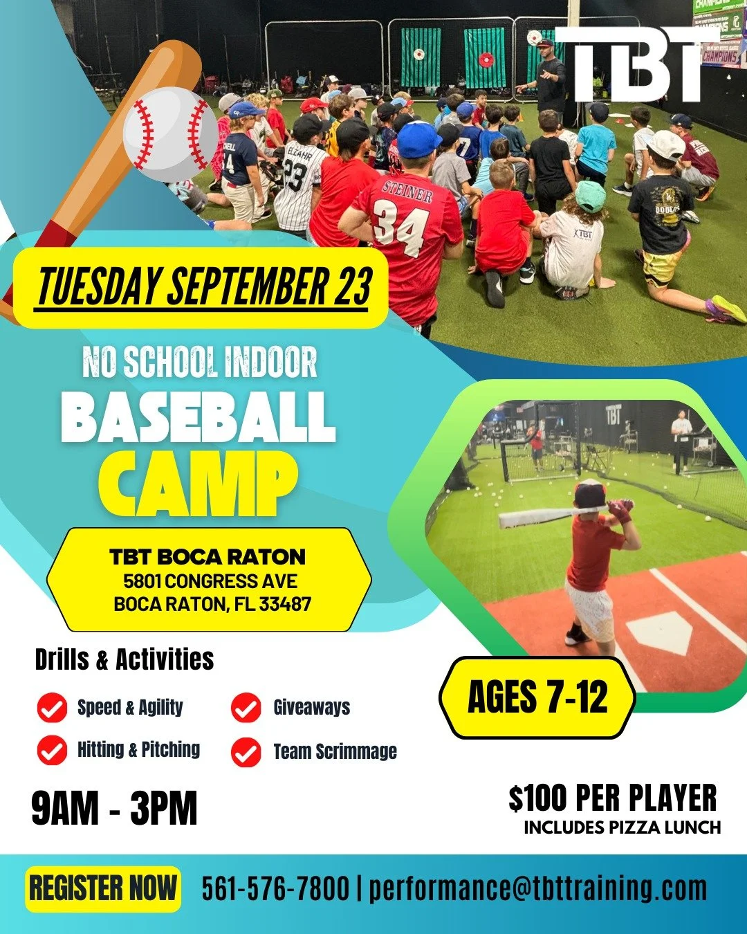 When school is out, baseball camp is in! Train, drill, and have a blast with our experienced coaches in TBT's state-of-the-art indoor facility.

Our next camp is Tuesday September 23--swipe right to see all upcoming camps!

Call (561) 576-7800 or ema