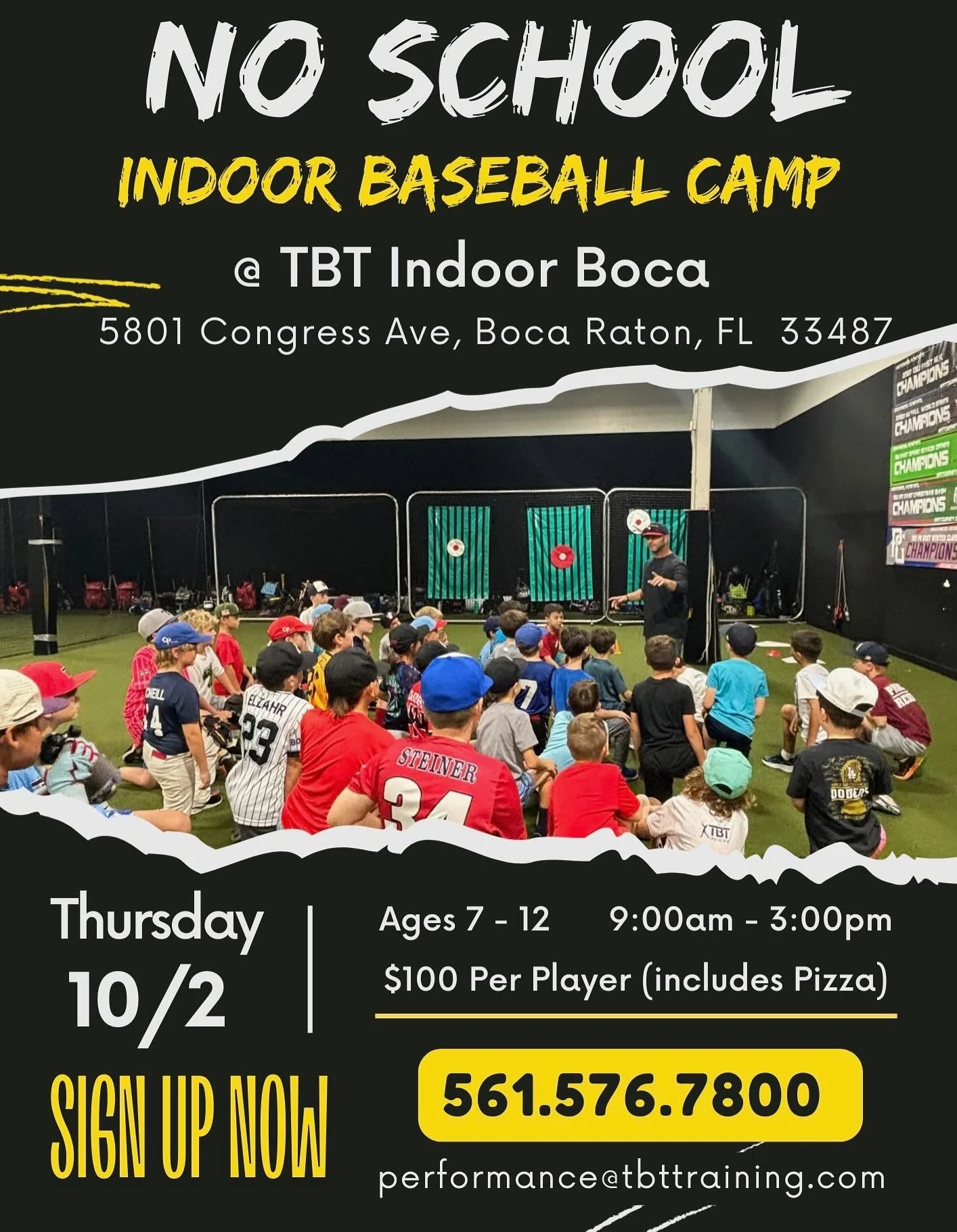 When school is out, camp is in! Join us next Thursday October 2 for baseball camp at our state-of-the-art indoor facility. Swipe right to see the full list of upcoming camps. Call (561) 576-7800 or email performance@tbttraining.com to sign up now!