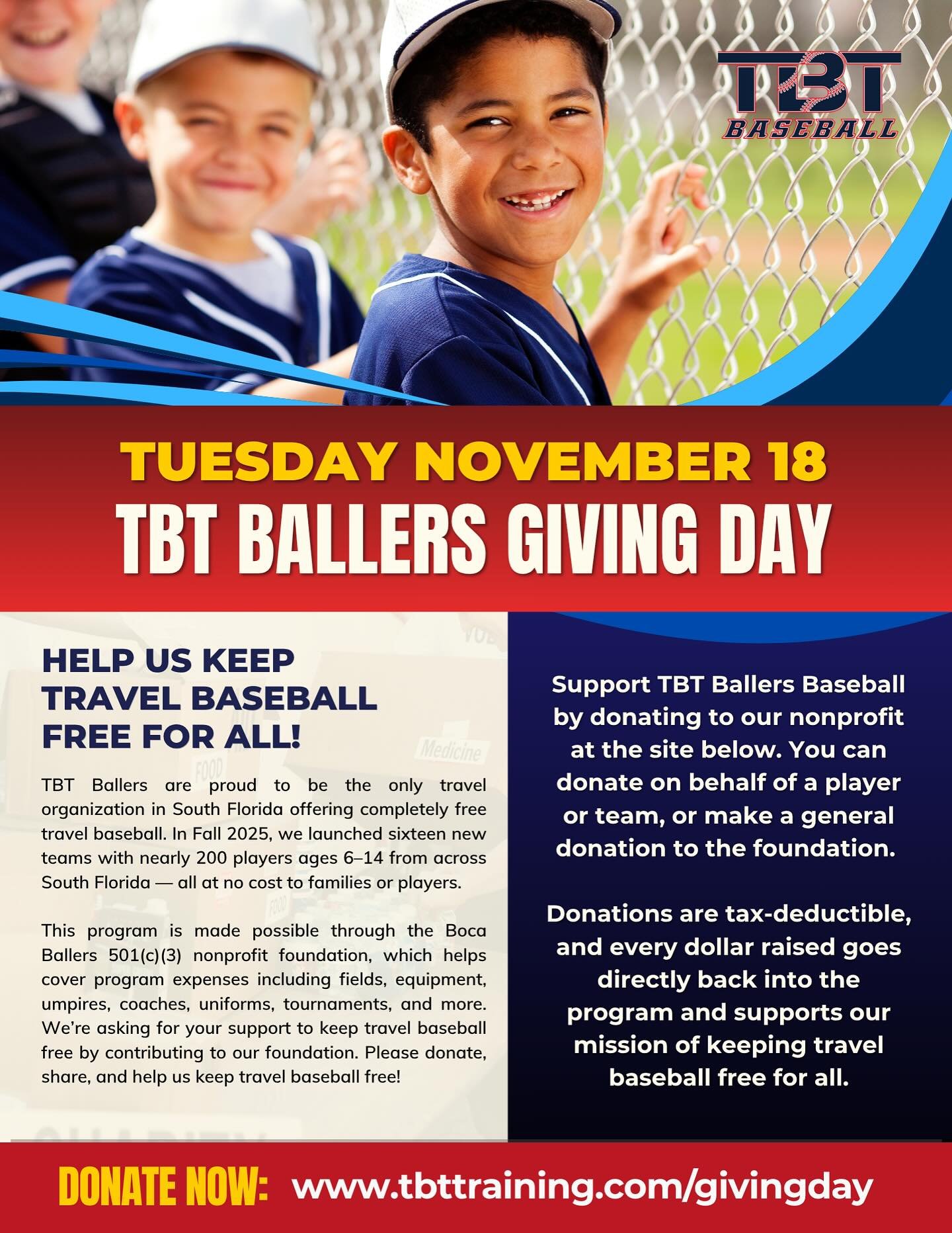 TBT Ballers are proud to be the only travel organization in South Florida offering completely free travel baseball. In Fall 2025, we launched sixteen new teams with nearly 200 players ages 6&ndash;14 from across South Florida &mdash; all at no cost t