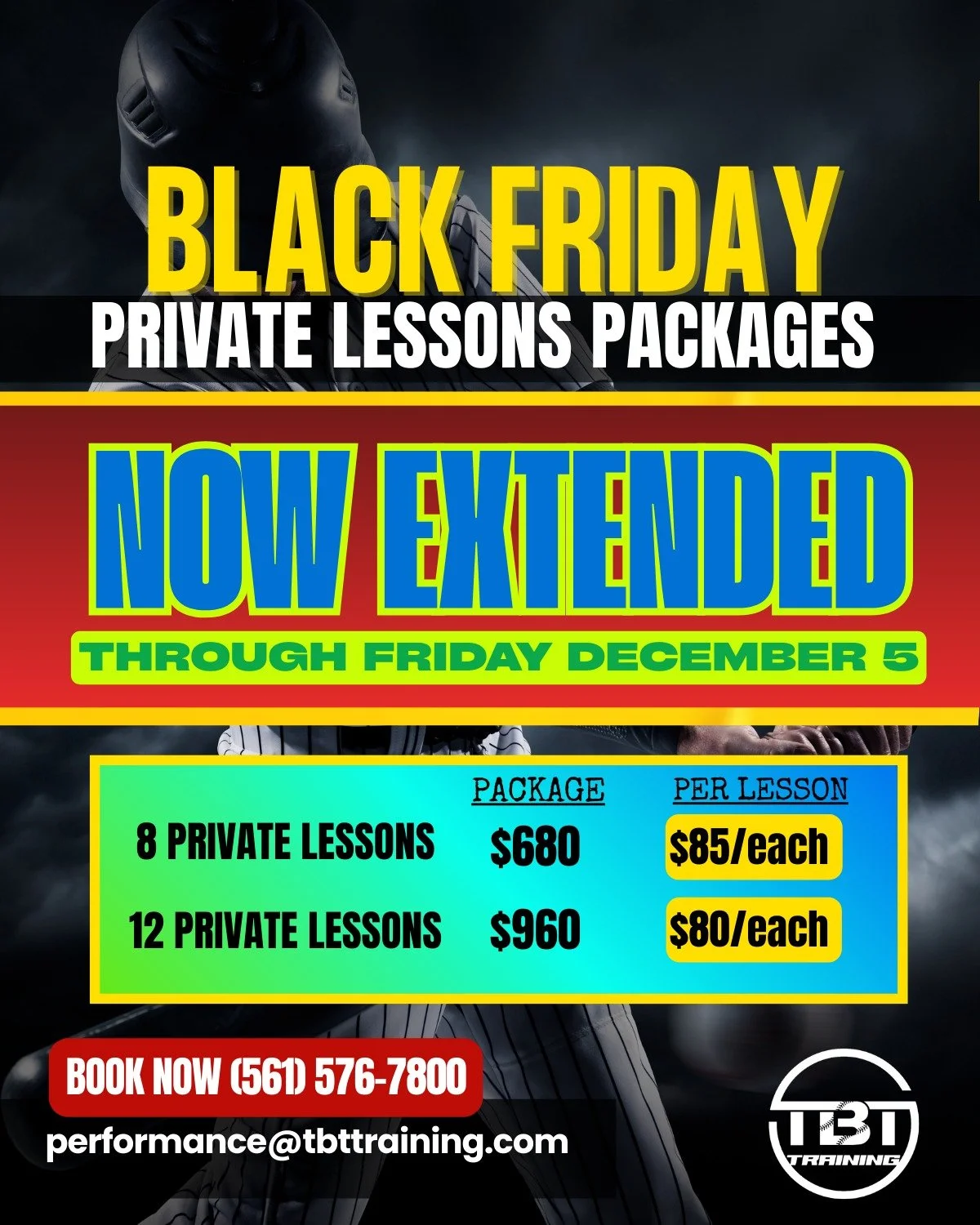 BLACK FRIDAY LESSON PACKAGES - Now Extended Thru Friday December 5th🚨

🔥 8 private lessons for $680
($85 each &mdash; 15% savings)

🔥 12 private lessons for $960
($80 each &mdash; 20% savings)

📞 (561) 576-7800
📧 performance@tbttraining.com