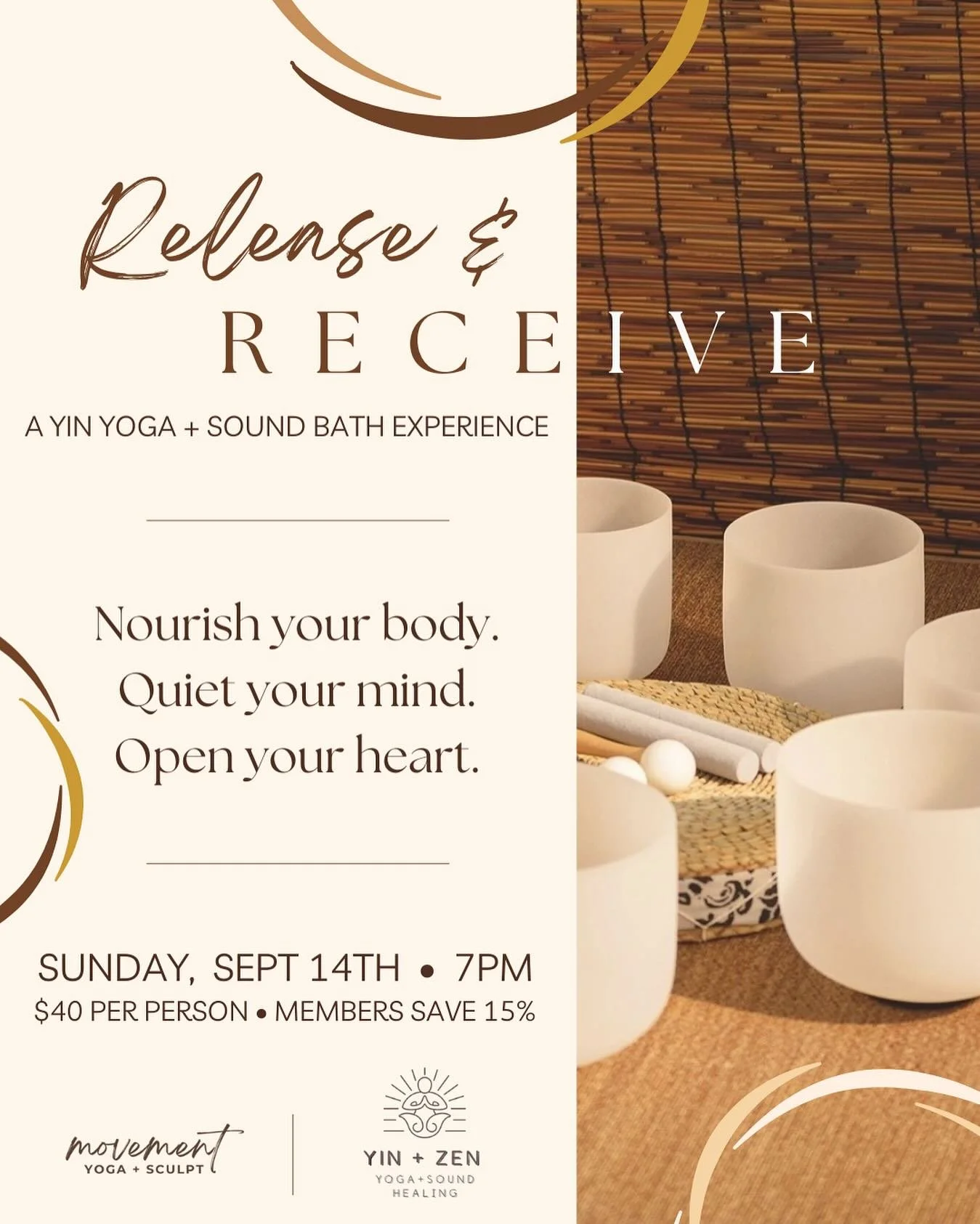 You deserve a pause. ✨
A chance to soften into stillness, to let your body melt and your mind quiet. In this 90-minute Yin + Sound Bath experience, the healing tones of crystal bowls meet restorative postures to create space for release, renewal, and