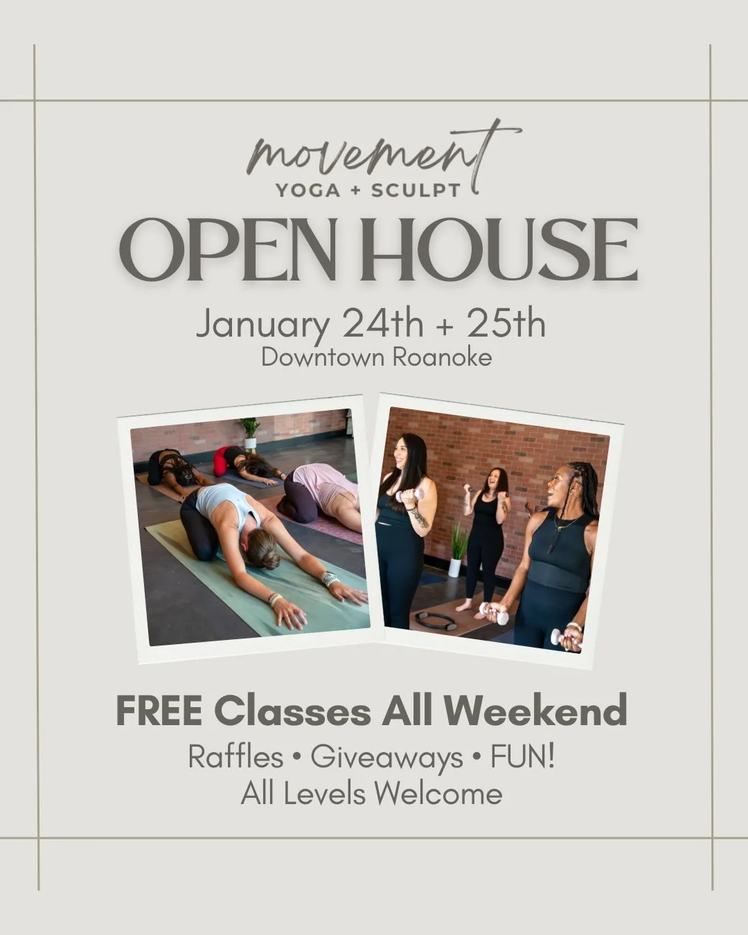 Join us for our Open House weekend and discover what makes our community so special! Every class is FREE all weekend, with raffles in every class, fun giveaways + swag bags, and a bonus special class on Sunday you won&rsquo;t want to miss. Swipe to s