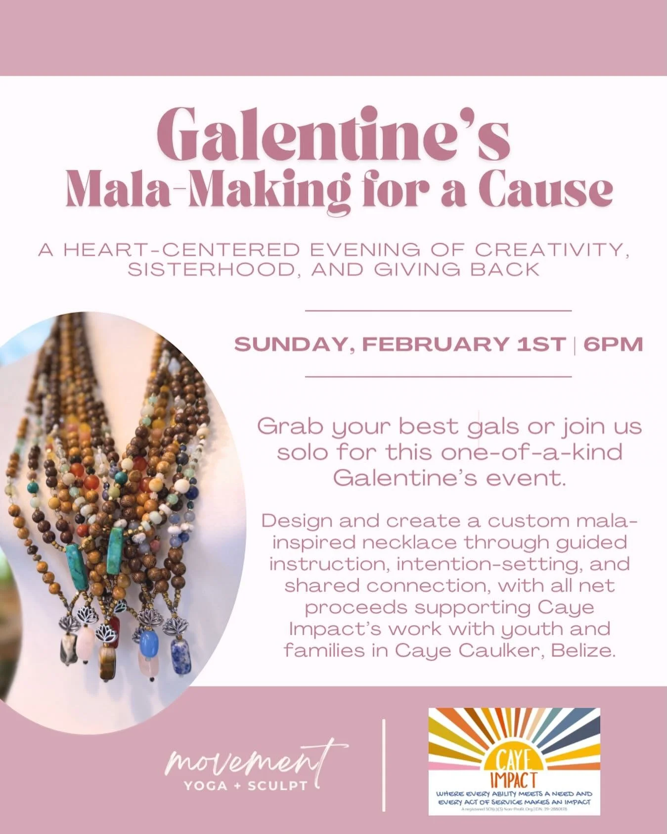 ✨💕 Slow down, set intentions, and create a custom mala-inspired necklace in a connected, welcoming space. Guided by jewelry designer Gina Carter, this experience supports Caye Impact, with all net proceeds benefiting youth and families in Caye Caulk