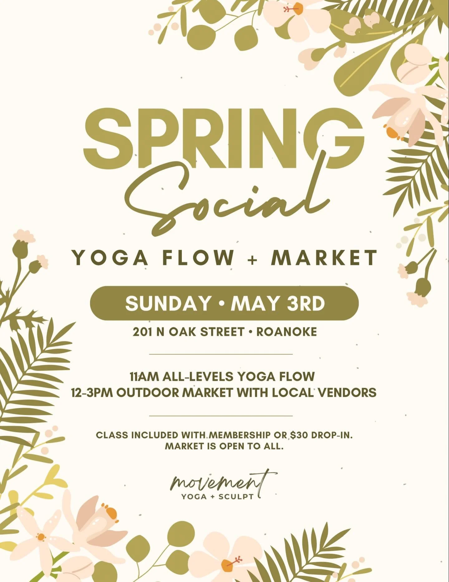 Sunshine, shopping, and a little movement if you&rsquo;re feeling it 🌿 join us for our Spring Social!

Enjoy an all levels yoga flow at 11am with Tristen and an outdoor vendor market from 12&ndash;3pm. Come for both or just the market, no class requ