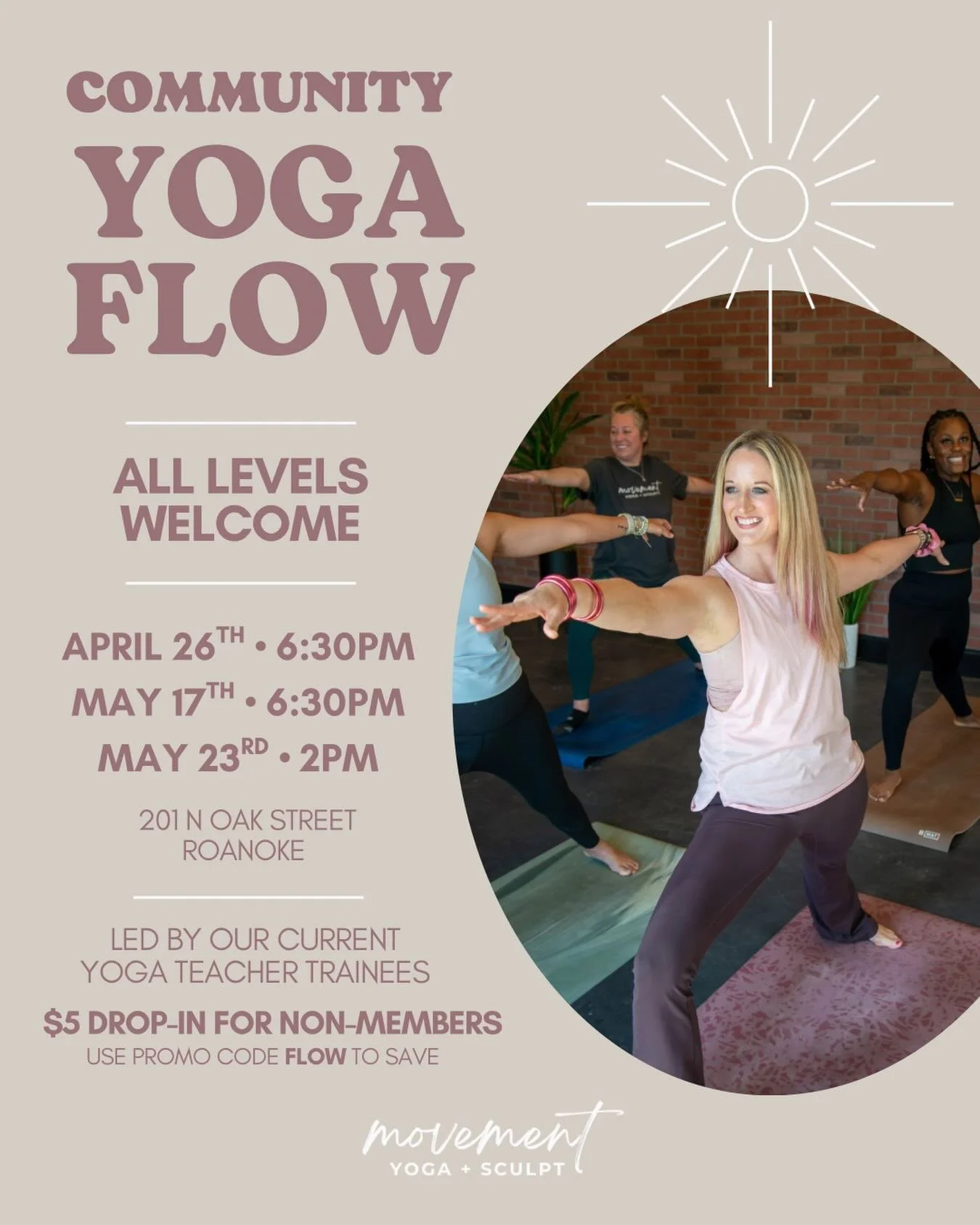 Our upcoming community classes are the perfect way to try something new and support our yoga teacher trainees! ✨🙌

$5 drop-in with promo code FLOW, good vibes guaranteed.
Save your spot and come flow with us! Sign up via the schedule link in our bio