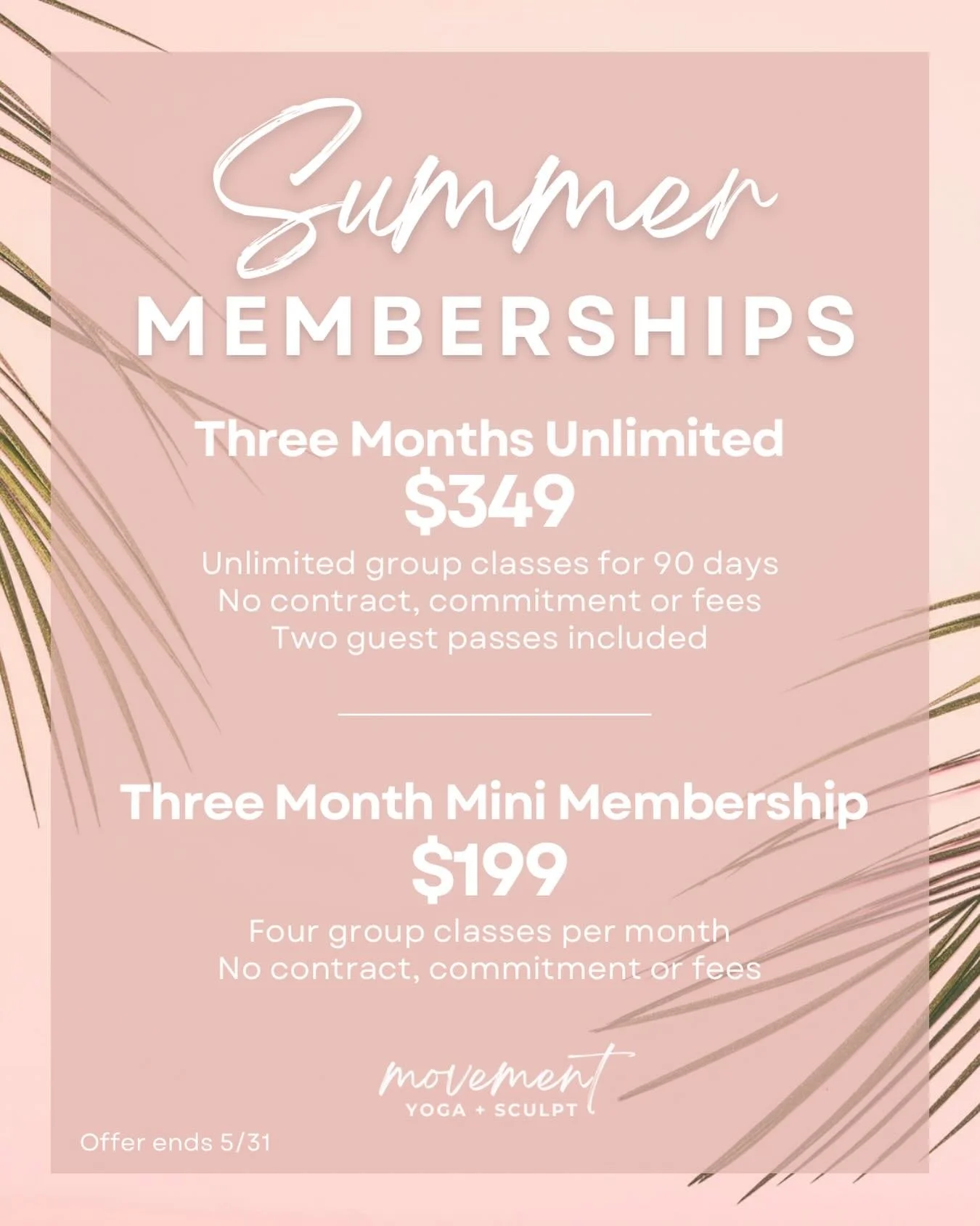 Your summer routine starts here ☀️ Two special summer membership options to help you feel good all summer long! Offer ends 5/31 so make sure to snag yours today via our website or the link in our bio. See you at the studio!