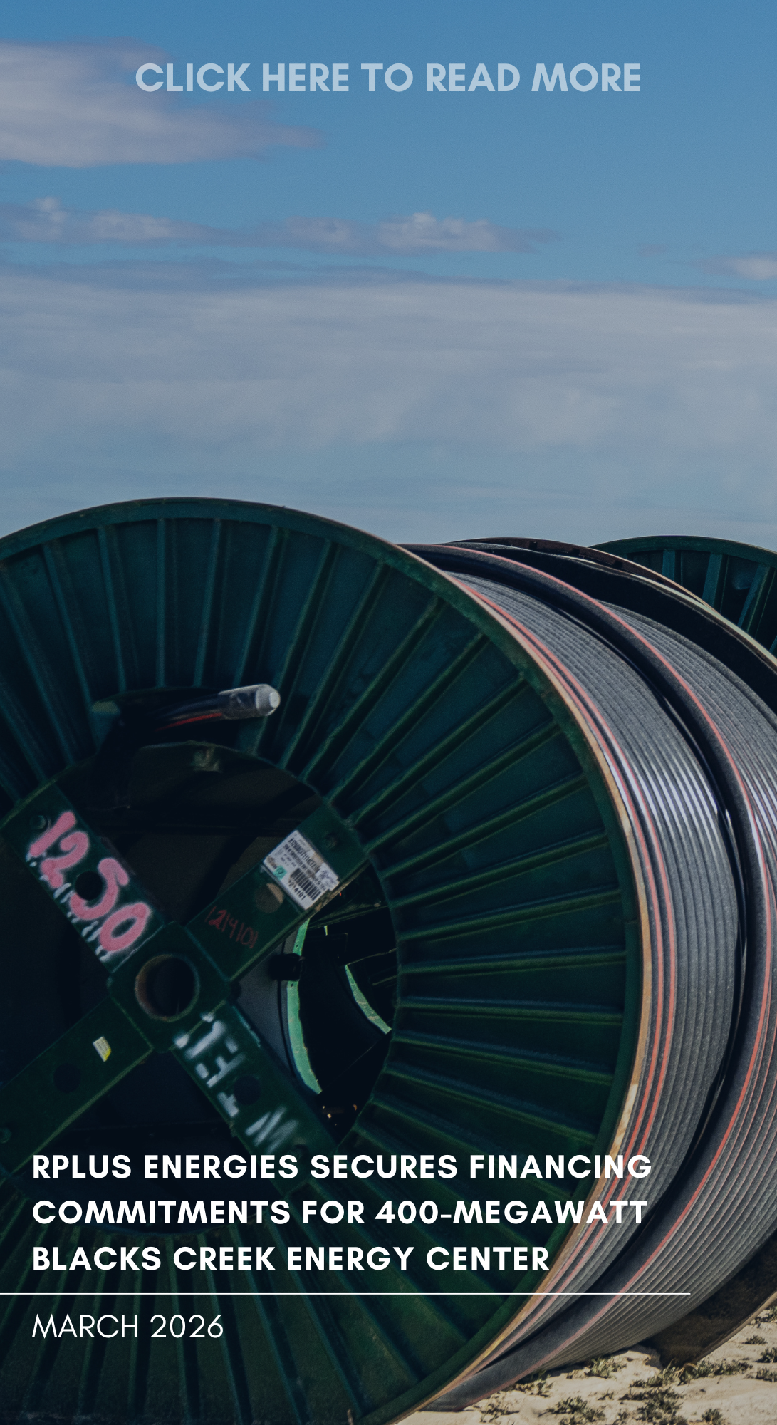 Close-up of a large coiled cable on a flat outdoor surface under a cloudy sky, with text overlay about energy and finance.