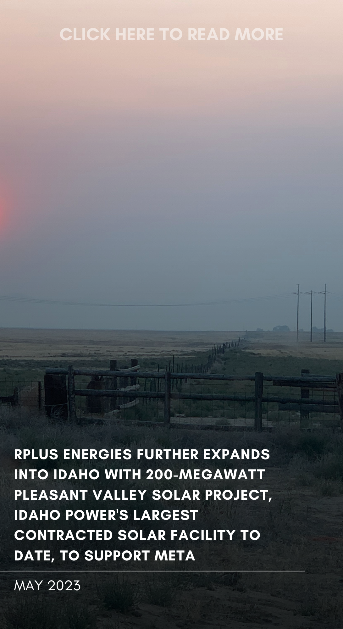 A landscape with power lines, a fence, and a pastel-colored sky during sunset or sunrise. Overlaid text promotes a solar project in Idaho.