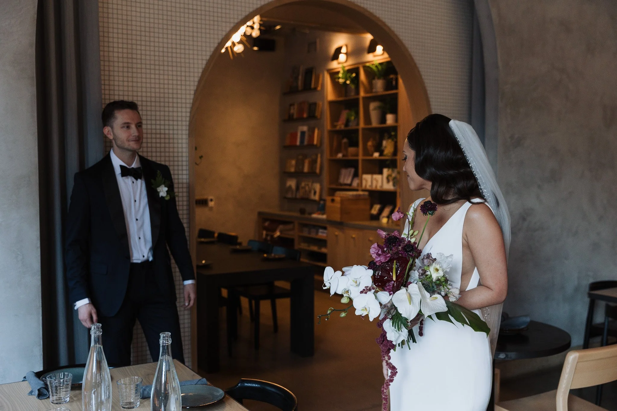 Bride and groom share an intimate first look at Maxwell's Trading Chicago IL