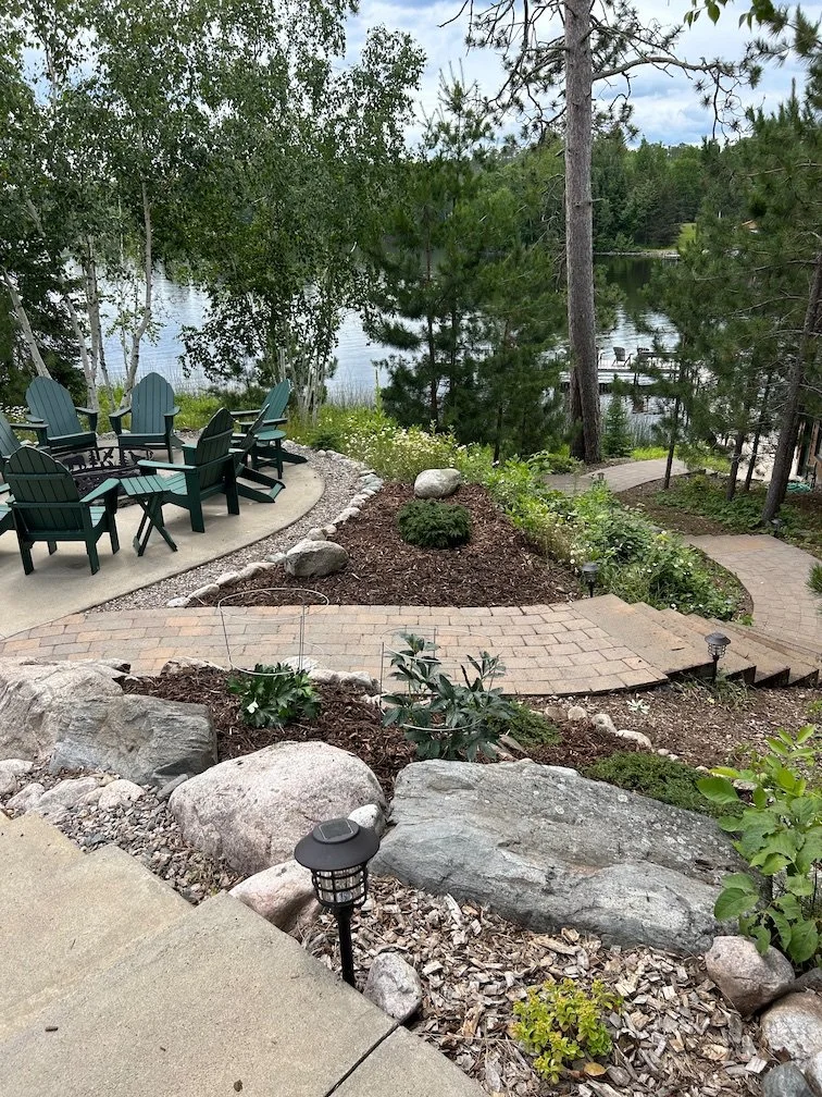 Landscaped patio and path to Lake Vermillion in Ely, MN.