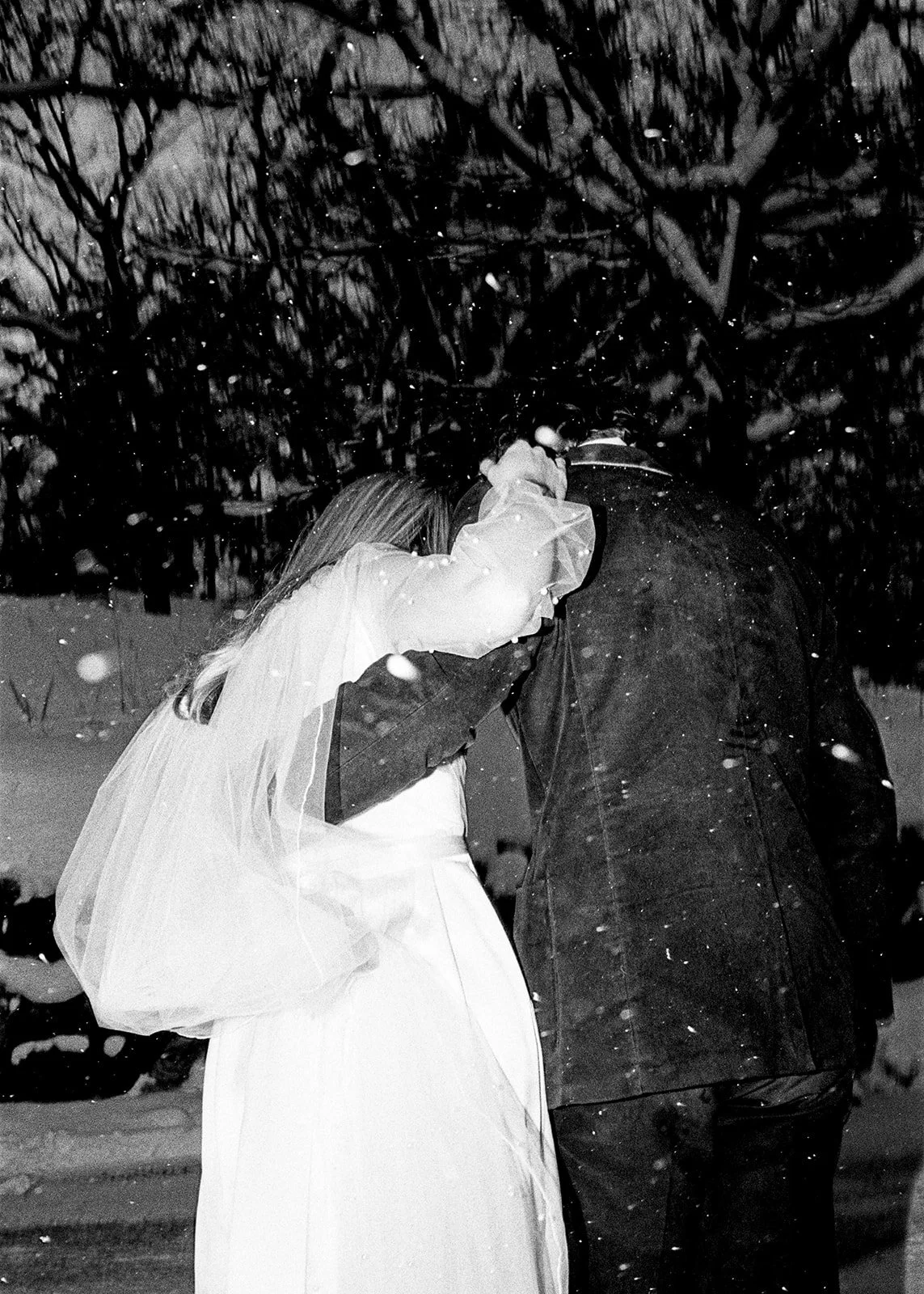 A woman in a wedding dress and veil kissing a man outdoors at night, with snow falling around them, trees in the background.