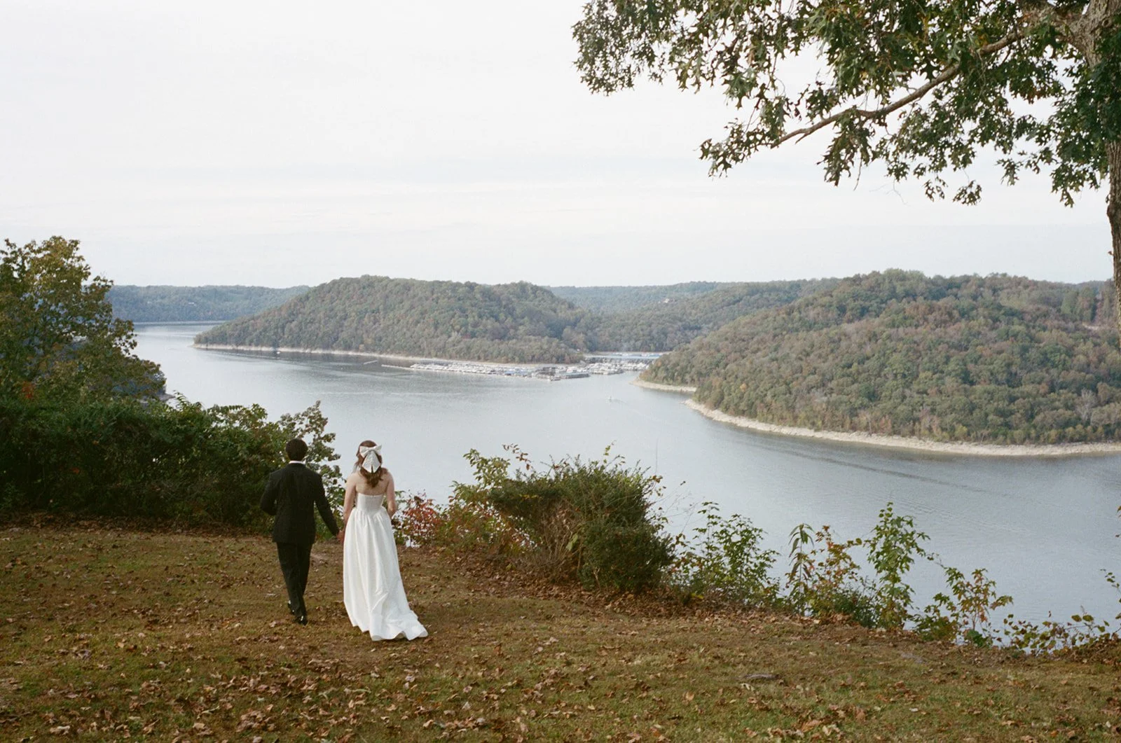 A couple in wedding attire walking hand in hand on a grassy hill overlooking a river with forested hills in the background.