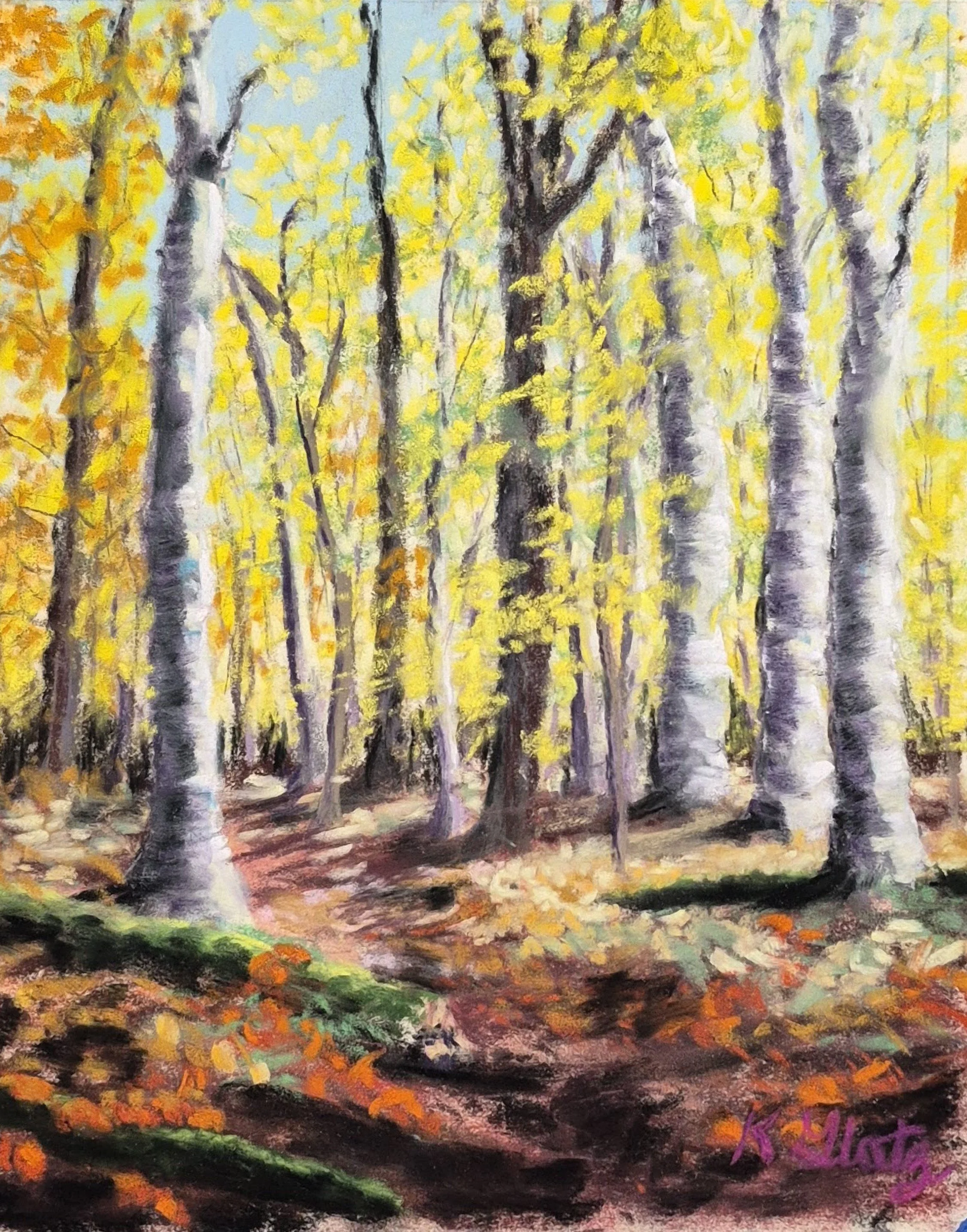 Autumn Birch Forest Soft Pastel Painting - Framed 13" x 16"