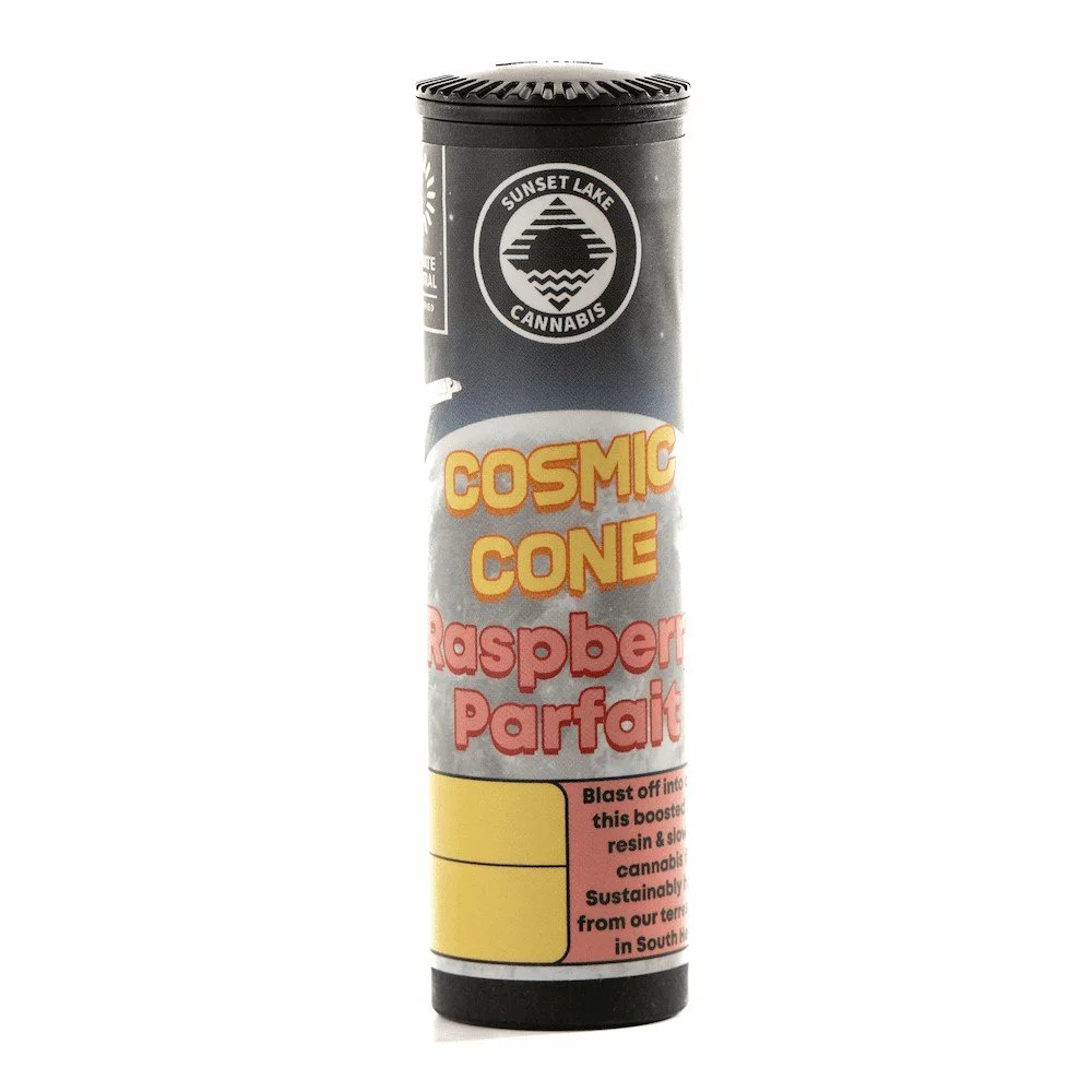 Photo of Sunset Lake Cannabis Raspberry Parfait strain Cosmic Cone. These 1 gram infused joints are available at Vermont dispensaries near you.