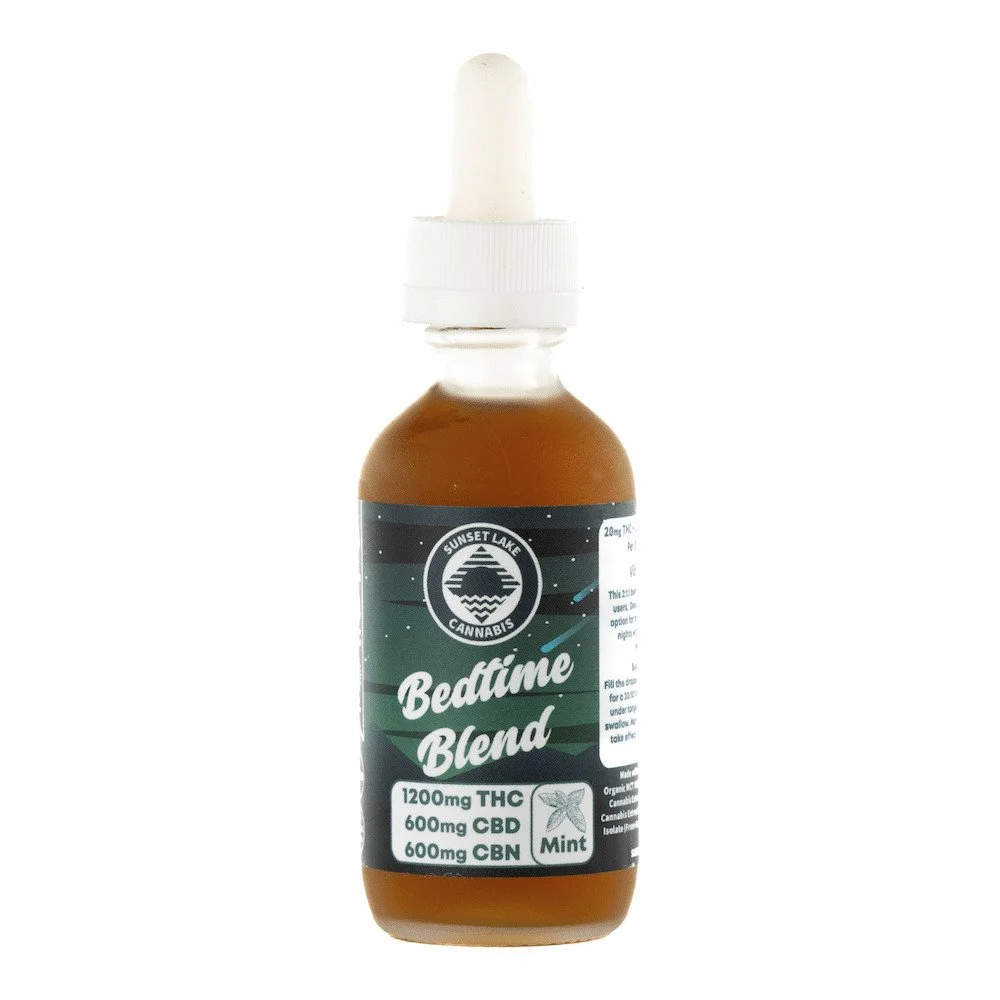 Photo of a dropper bottle of Sunset Lake Cannabis Bedtime Blend THC + CBD + CBN Oil tincture.