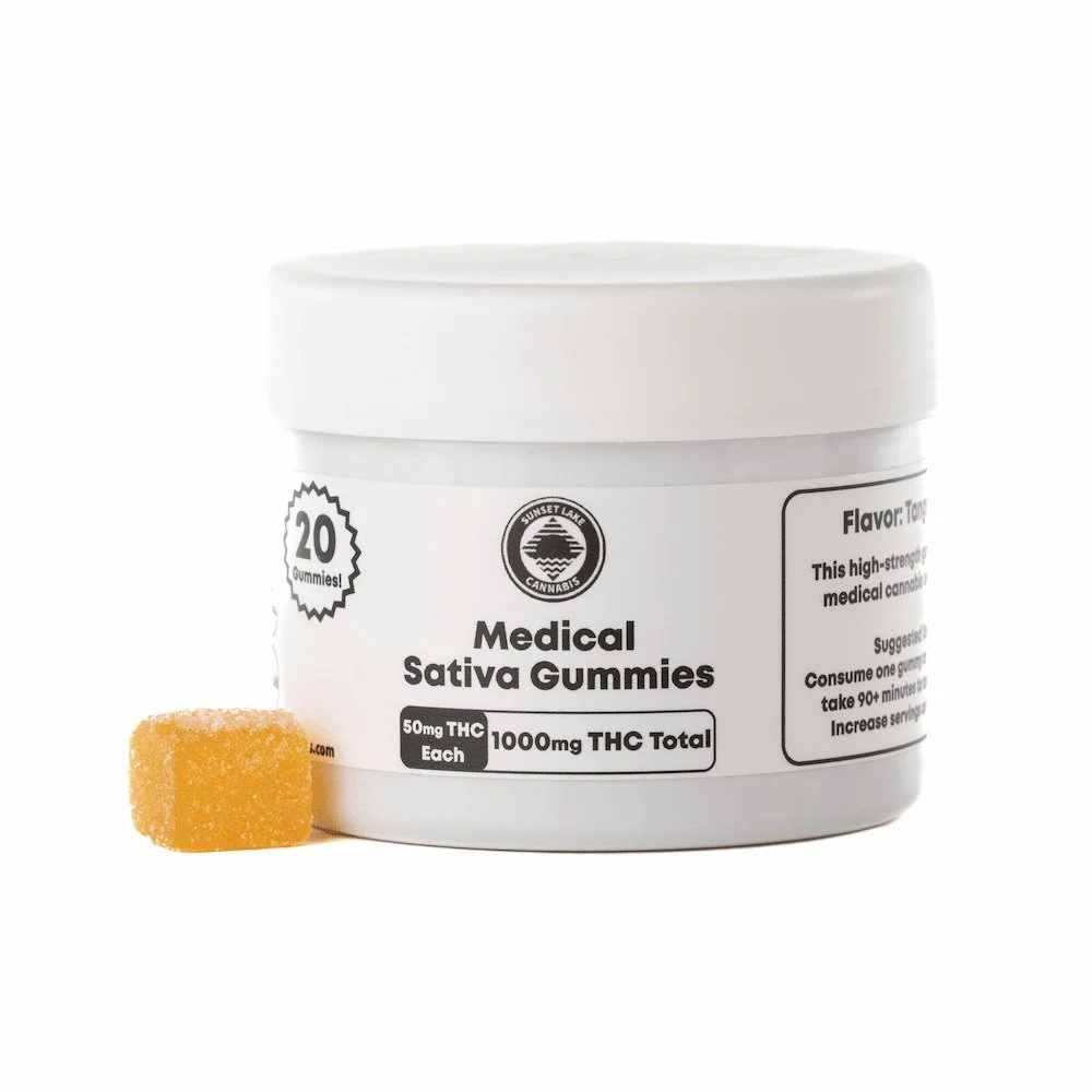 Jar of Sativa Medical THC Gummies by Sunset Lake Cannabis.