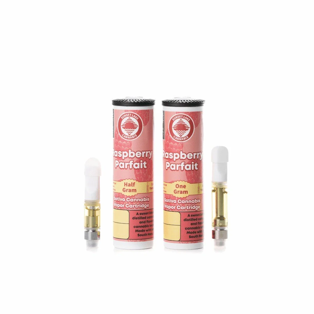 Photo of Sunset Lake Cannabis Raspberry Parfait vape carts.