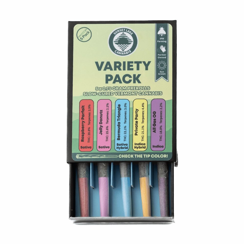 Photo of a pre-roll joint multipack from Sunset Lake Cannabis in South Hero, VT.