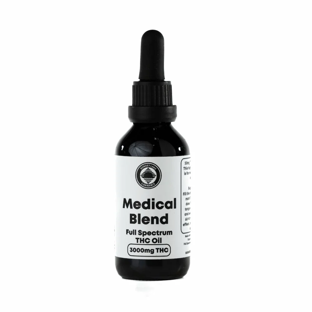 Dropper bottle of Sunset Lake Cannabis Medical Blend THC Tincture available at Vermont medical dispensaries.