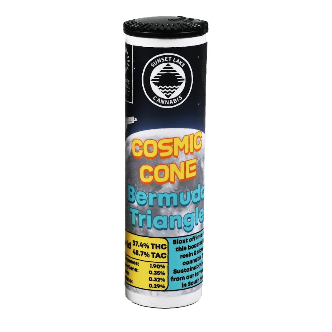 Photo of Sunset Lake Cannabis Bermuda Triangle Cosmic Cone infused preroll.