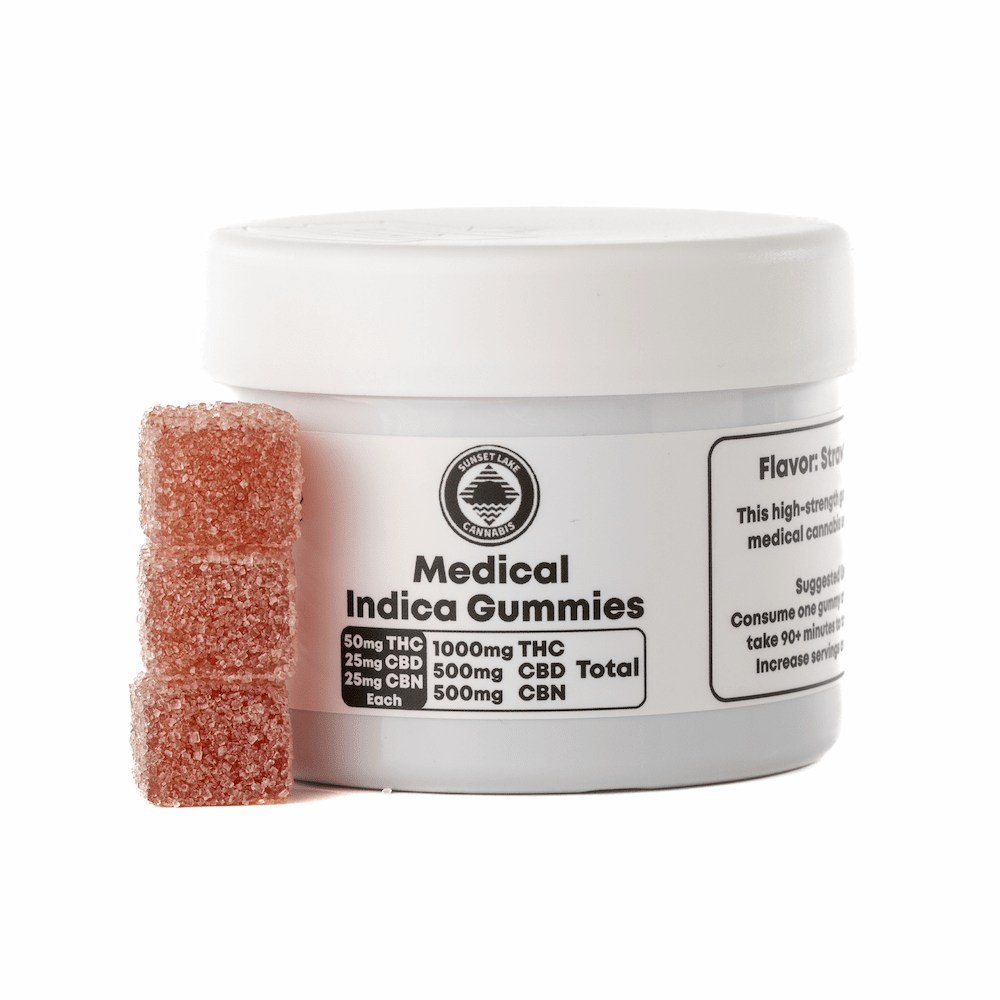 Jar of Medical Indica Gummies by Sunset Lake Cannabis in South Hero, Vermont.