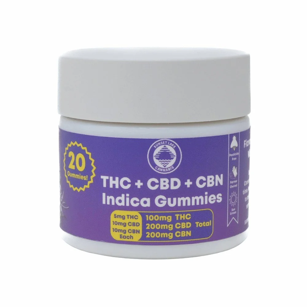 Jar of Sunset Lake Cannabis Indica Gummies. Each marijuana gummy contains THC + CBD + CBN.