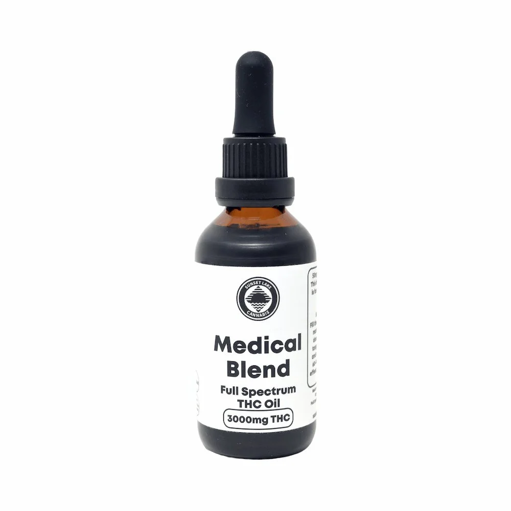 Photo of Sunset Lake Cannabis Medical Blend THC Oil Tincture dropper bottle.