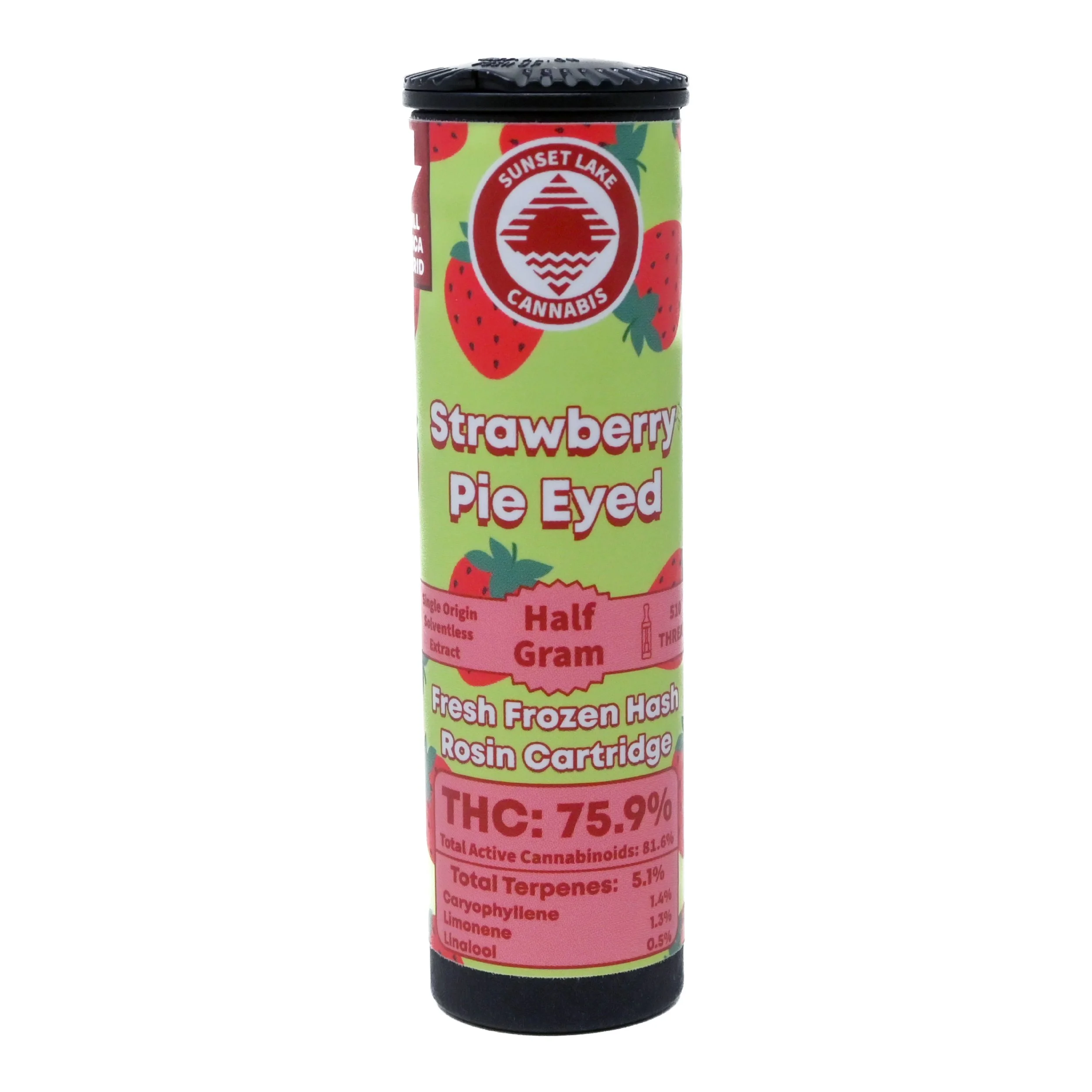 Strawberry Pie Eyed Live Hash Rosin vape cart by Sunset Lake Cannabis in South Hero, Vermont.