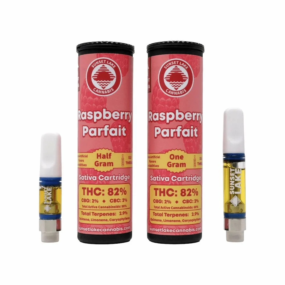 Photo of Sunset Lake Cannabis Raspberry Parfait vape carts.