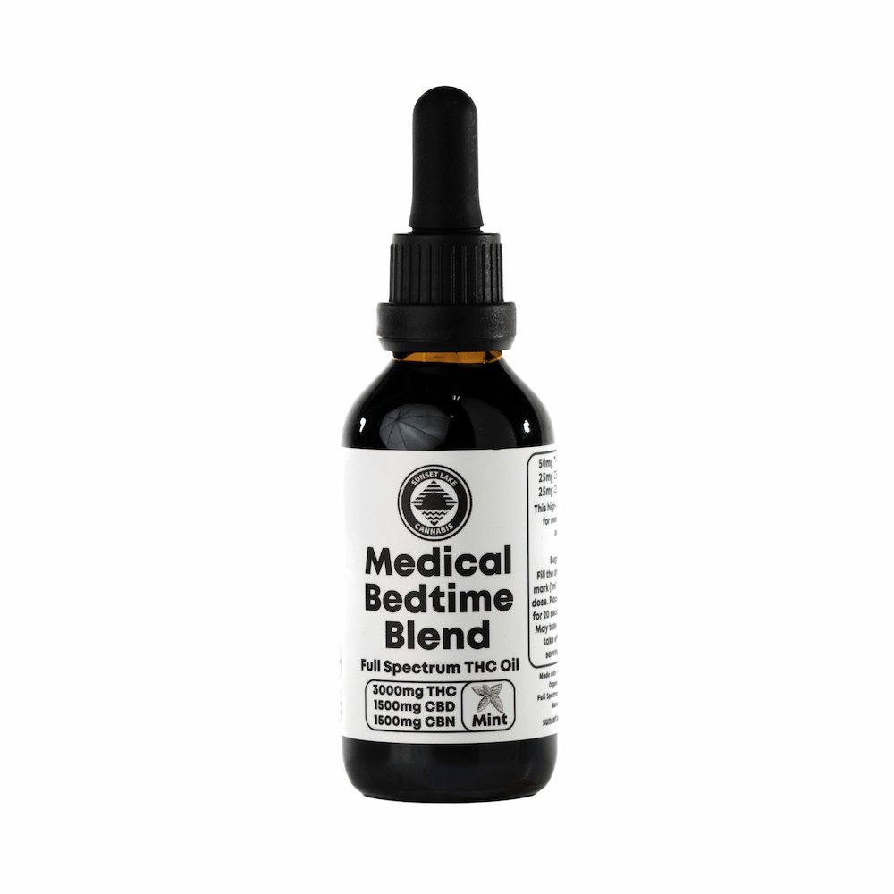 Dropper bottle of Sunset Lake Cannabis Medical Bedtime Blend Tincture which contains THC, CBD, and CBN.