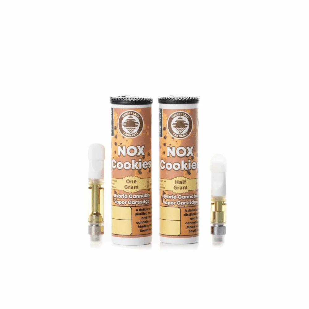 Photo of Sunset Lake Cannabis NOX Cookies vape carts.