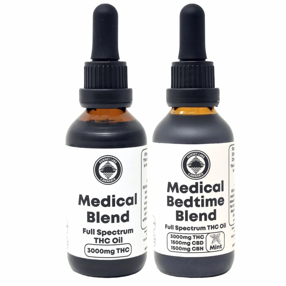 Photo of Sunset Lake Cannabis Medical Blend Tincture and Medical Bedtime Blend Tincture.