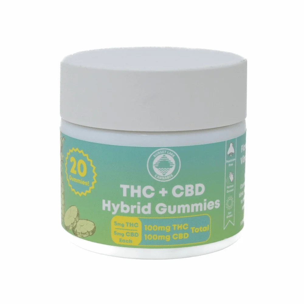Jar of Sunset Lake Cannabis Hybrid THC + CBD Gummies.