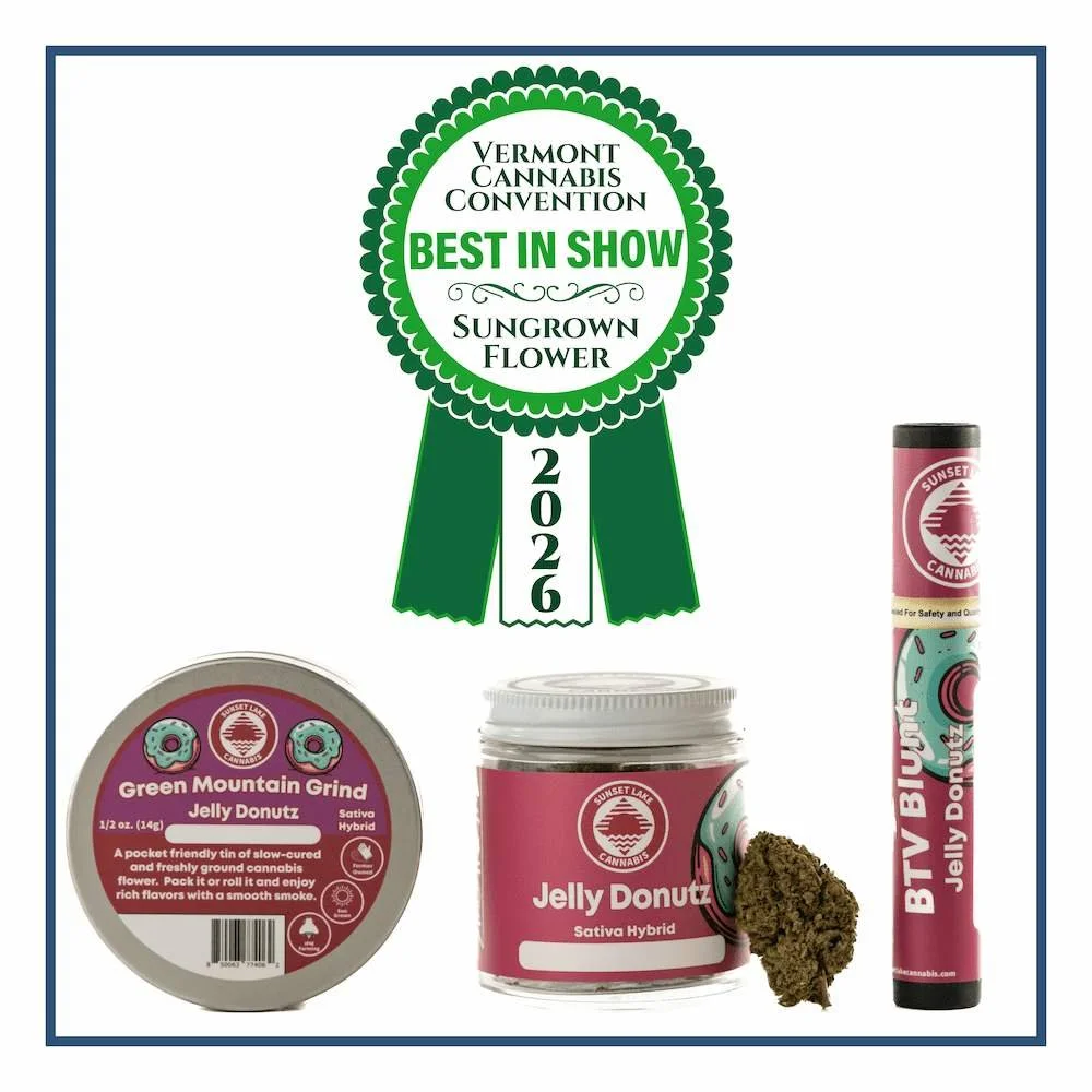 Photo of Jelly Donutz strain products by Sunset Lake Cannabis with a Best in Show green ribbon.