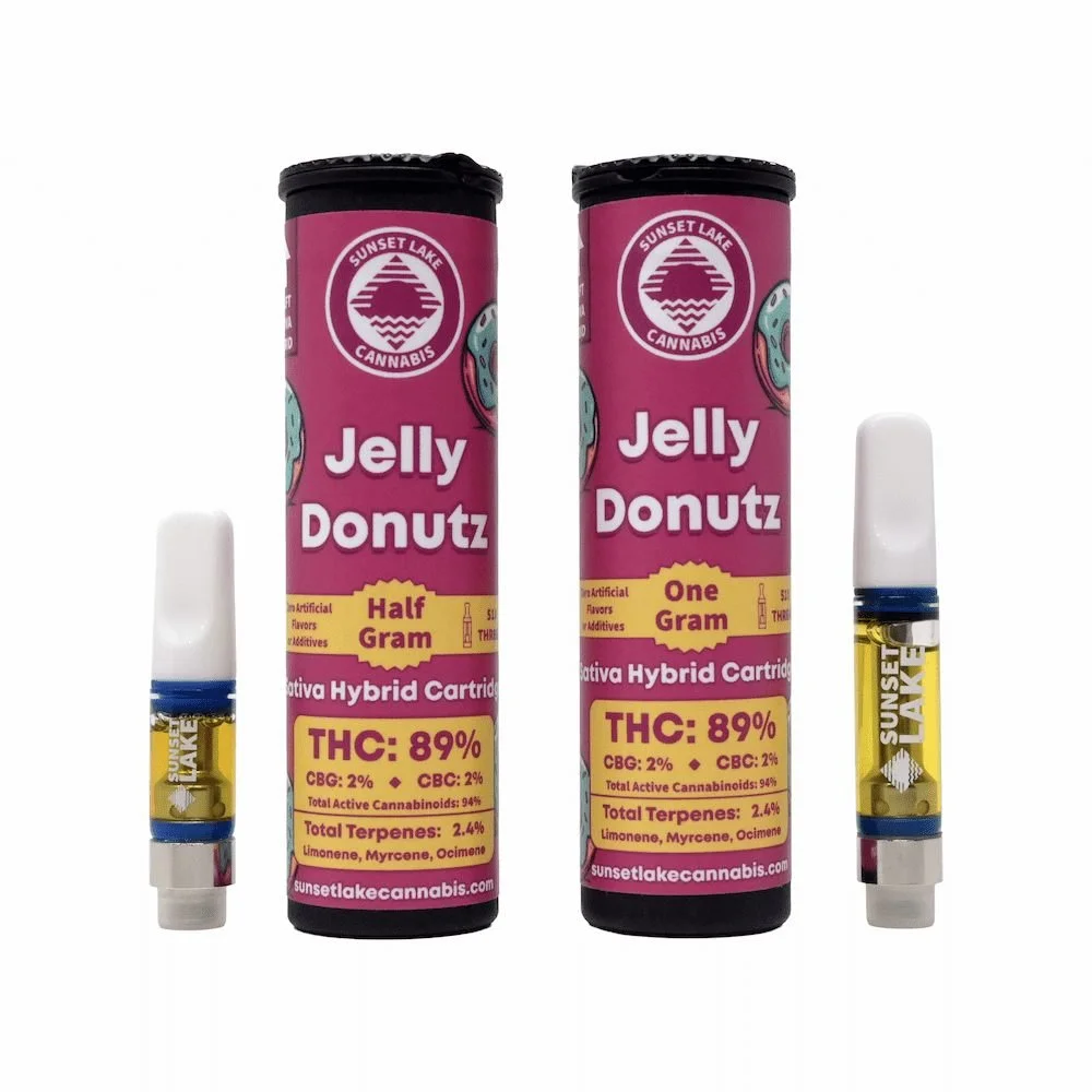 Photo of two Jelly Donutz strain vape carts by Sunset Lake Cannabis in South Hero, Vermont.