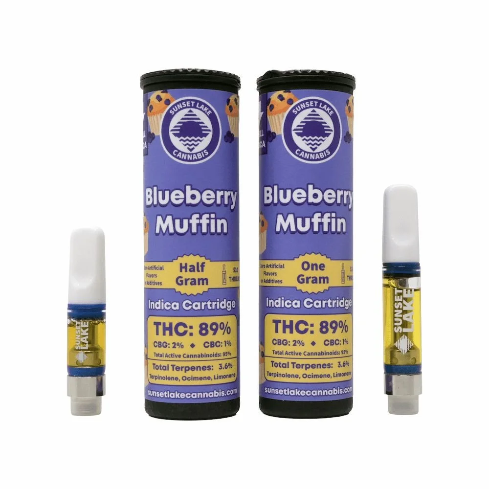Photo of two Blueberry Muffin strain vape carts by Sunset Lake Cannabis available in Vermont.