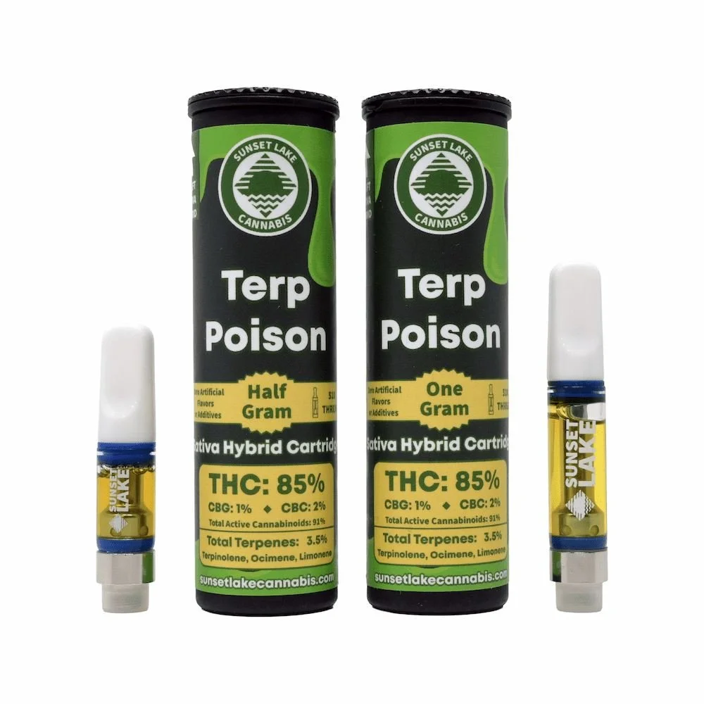 Photo of two Terp Poison strain vape carts by Sunset Lake Cannabis in Vermont.