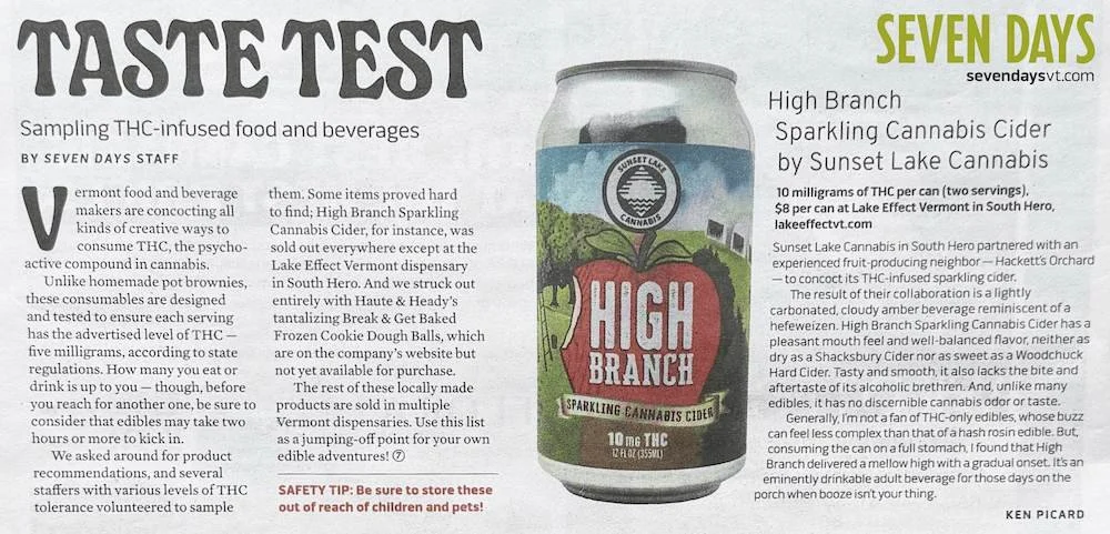 Screenshot of Seven Days article titled "Taste Test: Sampling THC-infused food and beverages." Features High Branch Sparkling Cannabis Cider by Sunset Lake Cannabis.