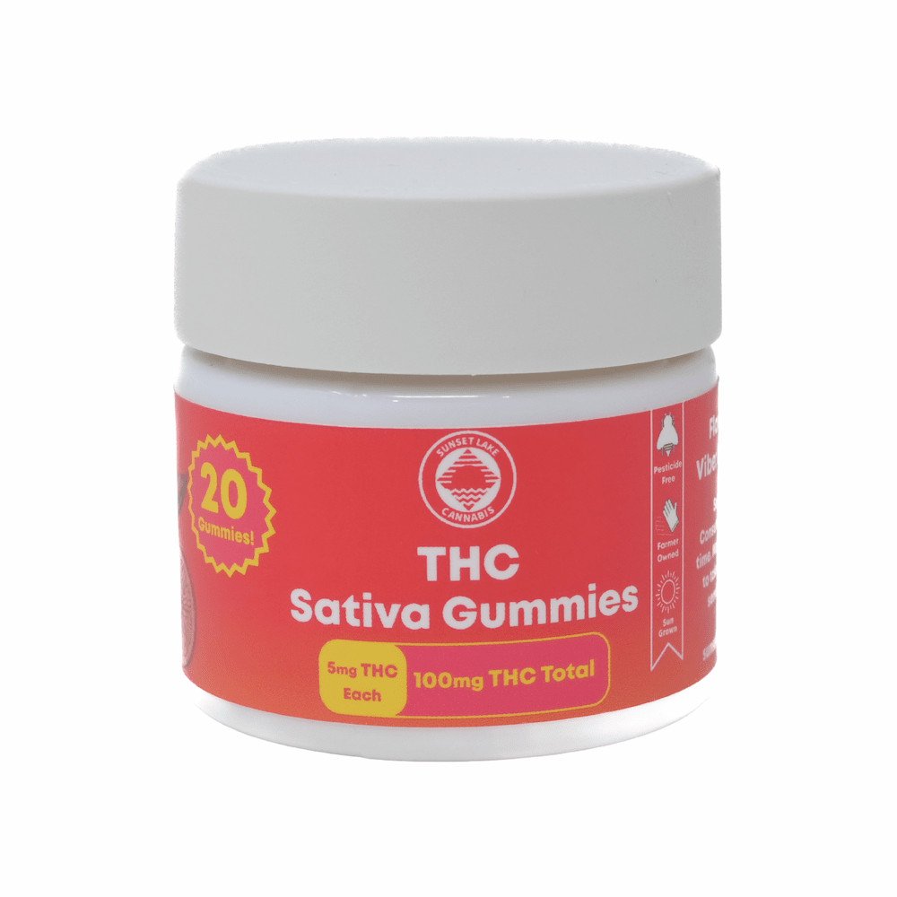 Jar of Sunset Lake Cannabis Sativa THC Gummies.